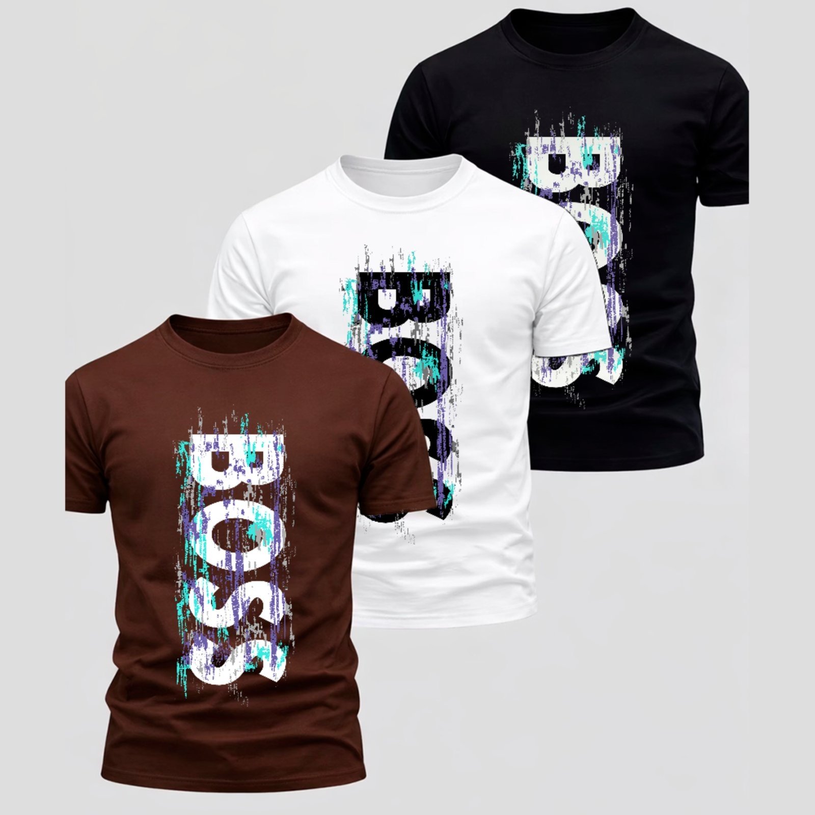 Vista 2 Kit 3 Camisetas Básicas Boss Vertical Visual Impactante Elegante Algodão Premium ousy branco/marrom/preto ousy branco/marrom/preto