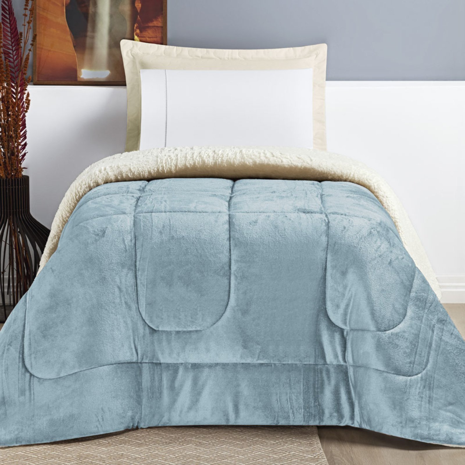Coberdrom Casa Scarpa Apollo Solteiro Sherpa Manta Flannel Toque Lã de Carneiro - Azul Quartzo