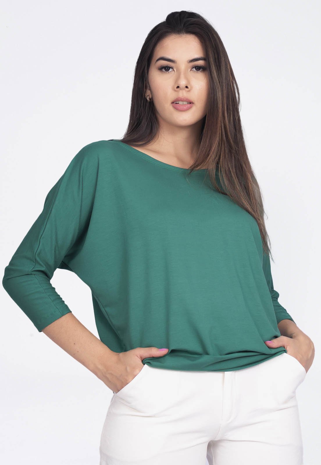 Blusa Morcego Amazonia Vital Ampla Manga 3/4 Verde Jade