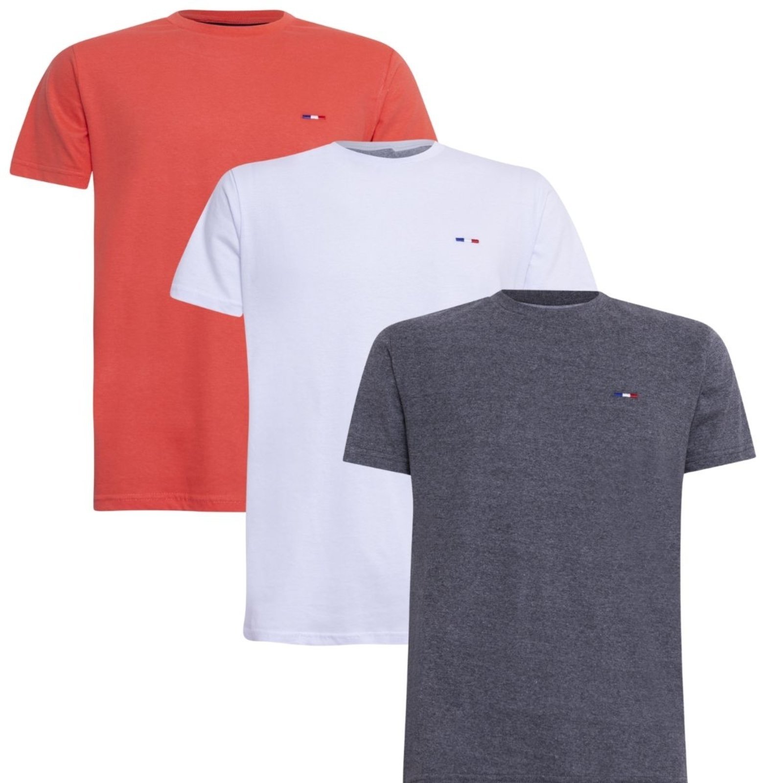 Kit 3 Peças Camisetas Básicas Masculina Industrie em Algodão Premium no Estilo Tommy Bordado França Chumbo Laranja Branc
