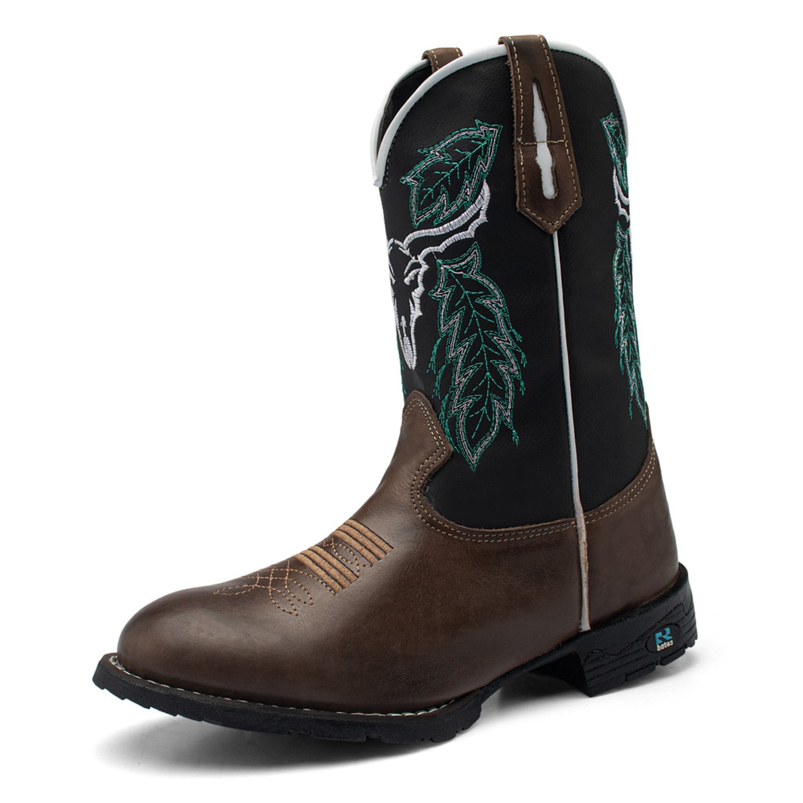 Bota Texana Masculina RR Botas Country Em Couro Com Bordado De Boi Bico Redondo Cano Alto Marrom