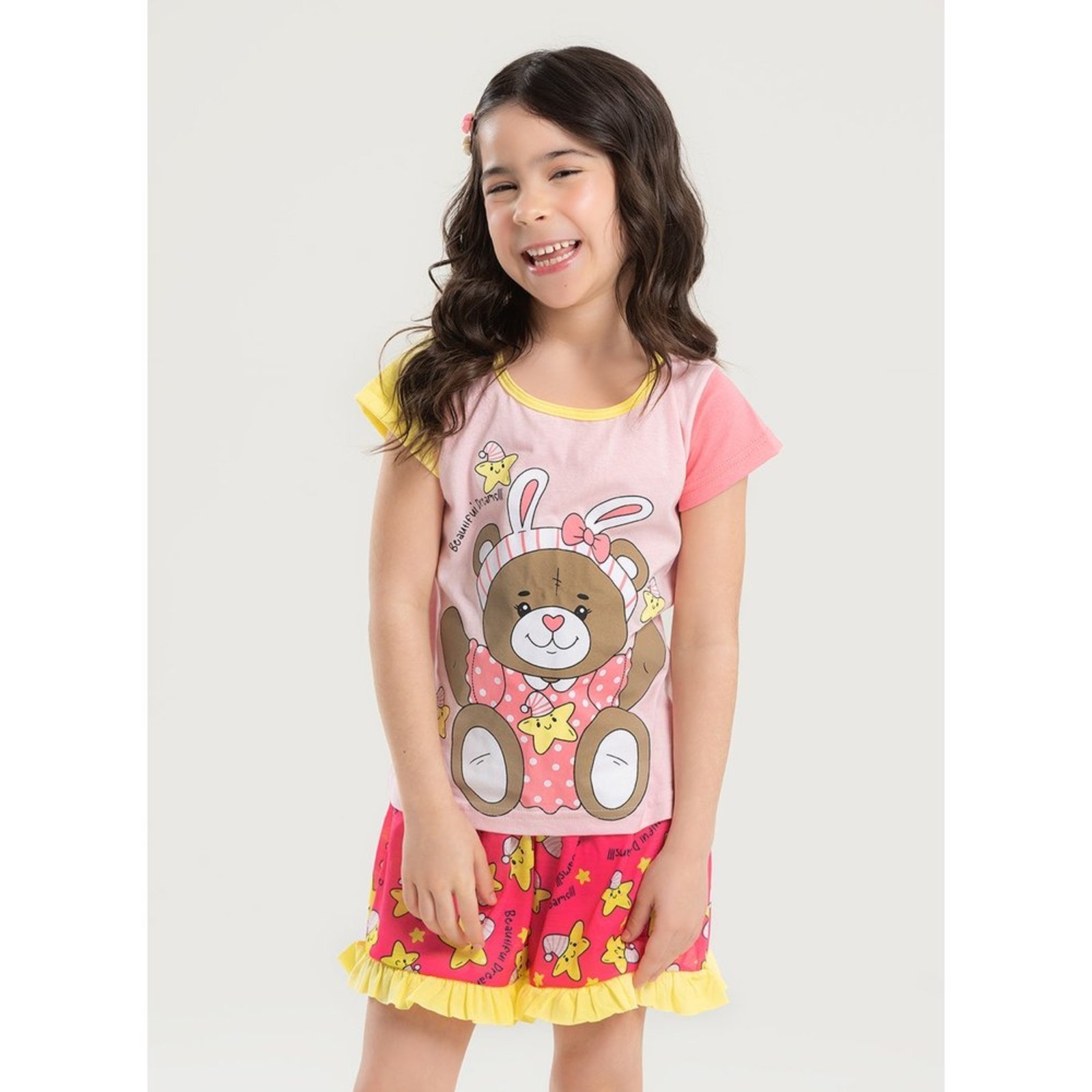 Pijama Verão Menina Rosa Blusa e Shorts Ursinha dos Sonhos