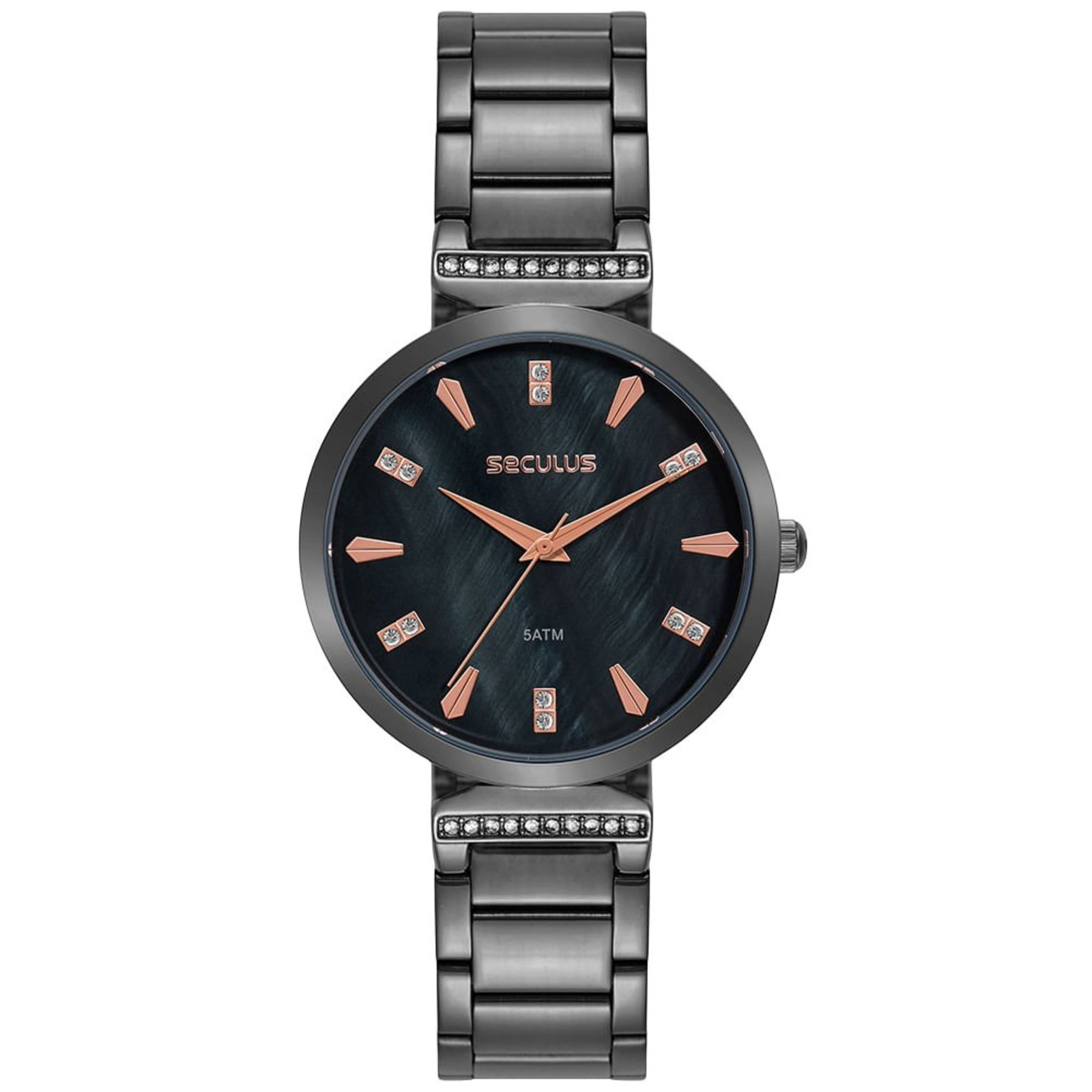 Relógio Feminino Seculus Preto com Cristais Madrepérola Seculus