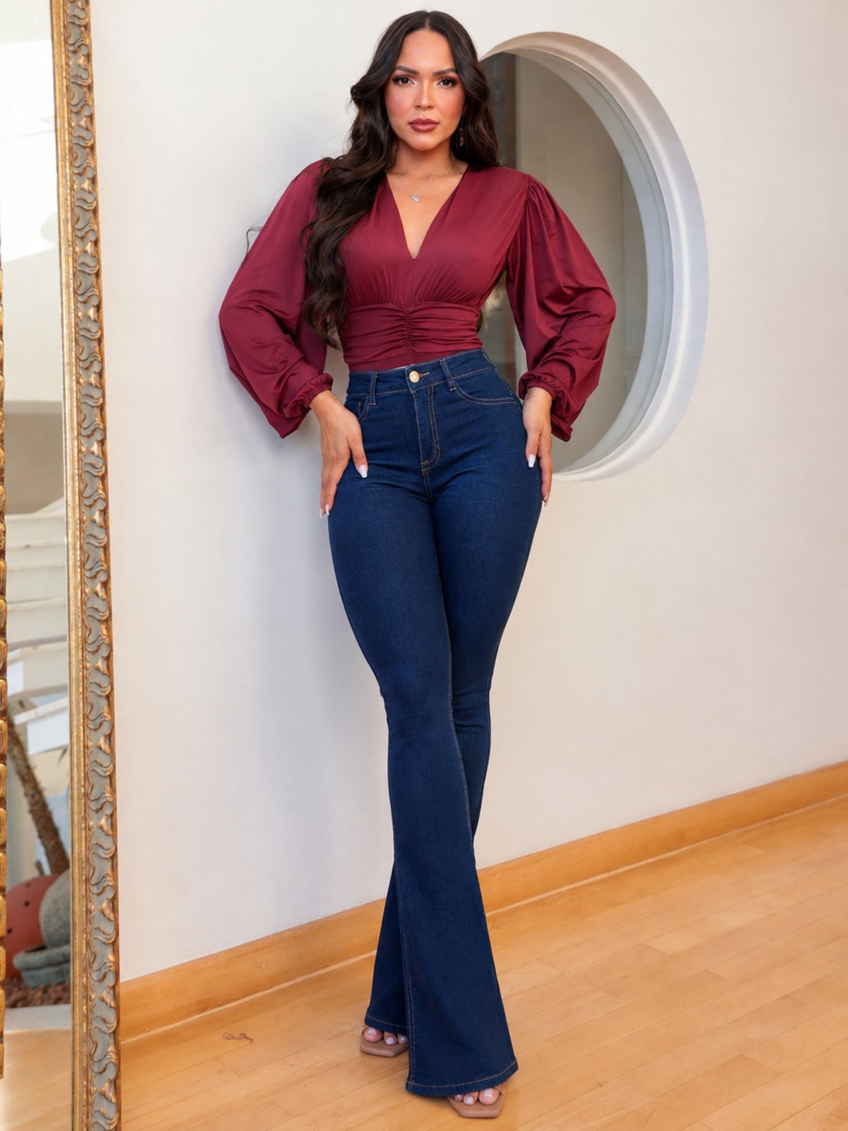 Calça Donna De Paula Flare Jeans Azul Com Elastano Cintura Alta Feminina