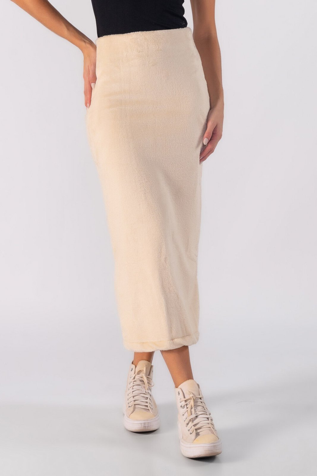 Saia Lamis midi teddy com elastico na cintura Bege
