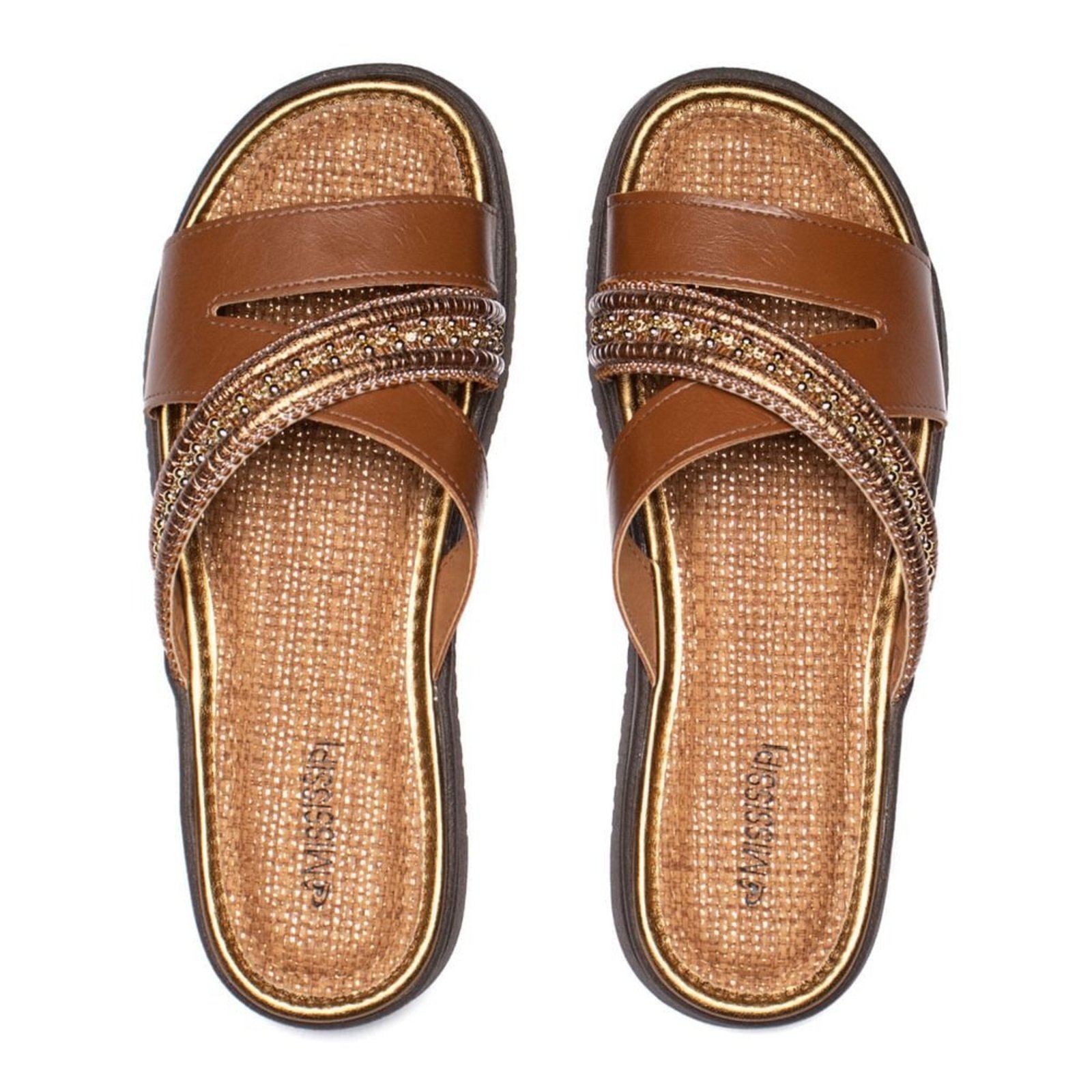 Chinelo Slide Feminino Mississipi Flatform Strass Caramelo