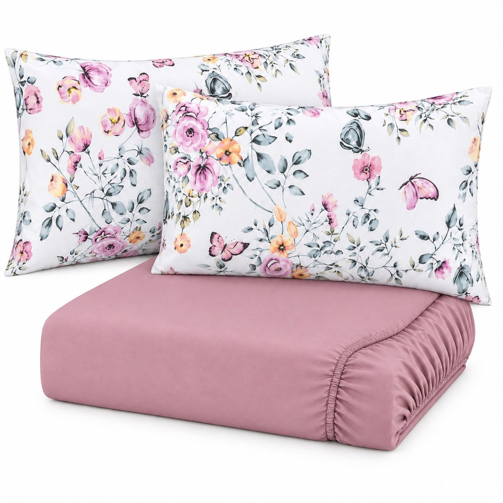 Jogo de Cama Lençol King Malha Soft 100% Algodão Fio Penteado Estampado Toque Macio 3 Peças Borboleta Rosa