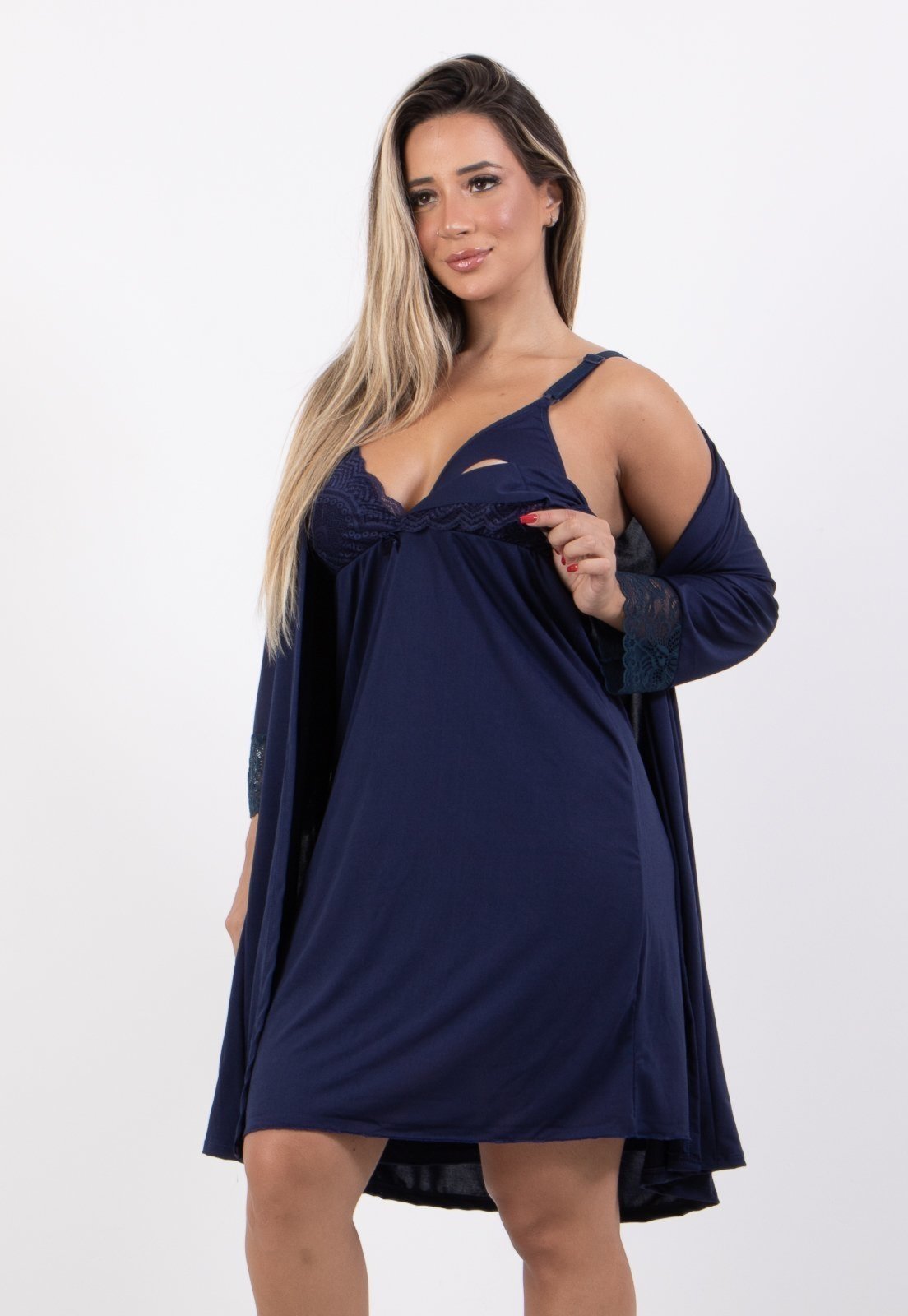 Conjunto Amamentação Feminino 4 Estações Camisola Lisa e Robe Roupão Com Renda Manga Curta Azul Marinho