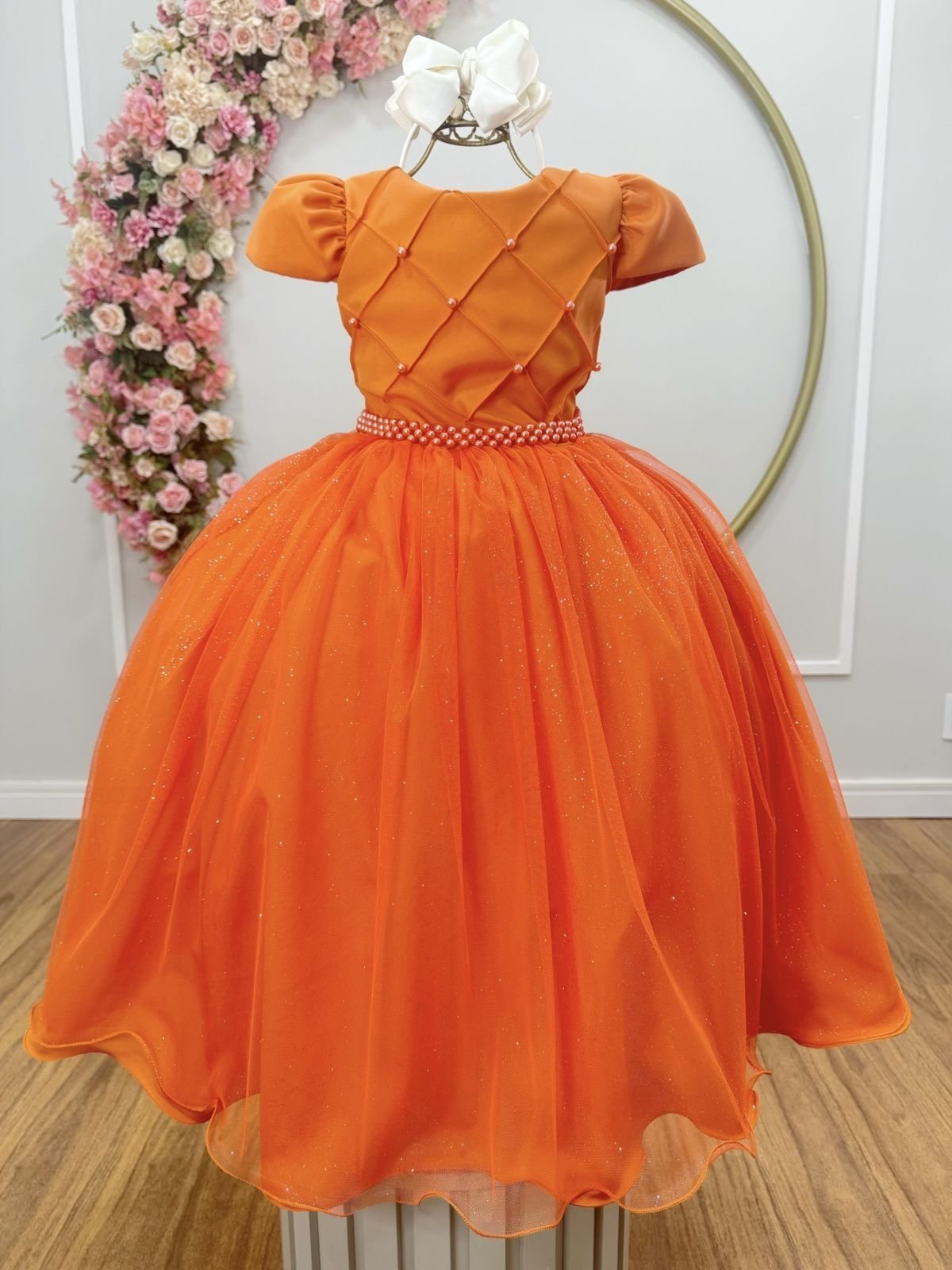 Infantil - Vestido Longo Festa Laranja Cobre Terracota Pérolas Formatura Casamento Princesa Social Rodado Florista Dama Daminha Aniversário Luxo Menina Juvenil