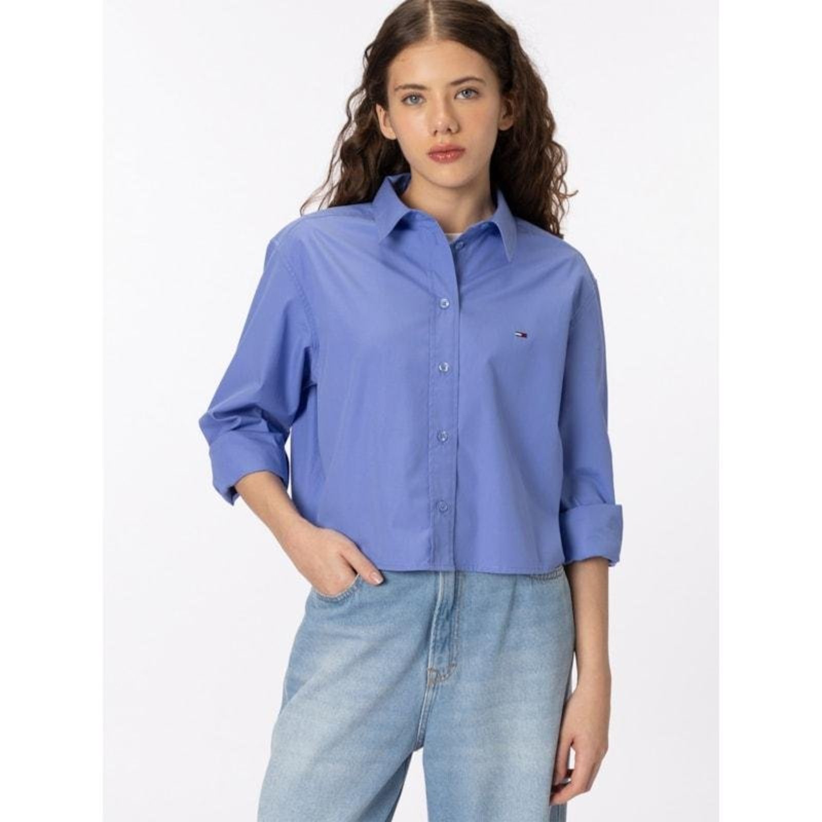 Camisa Cropped em Popeline Relaxed Azul