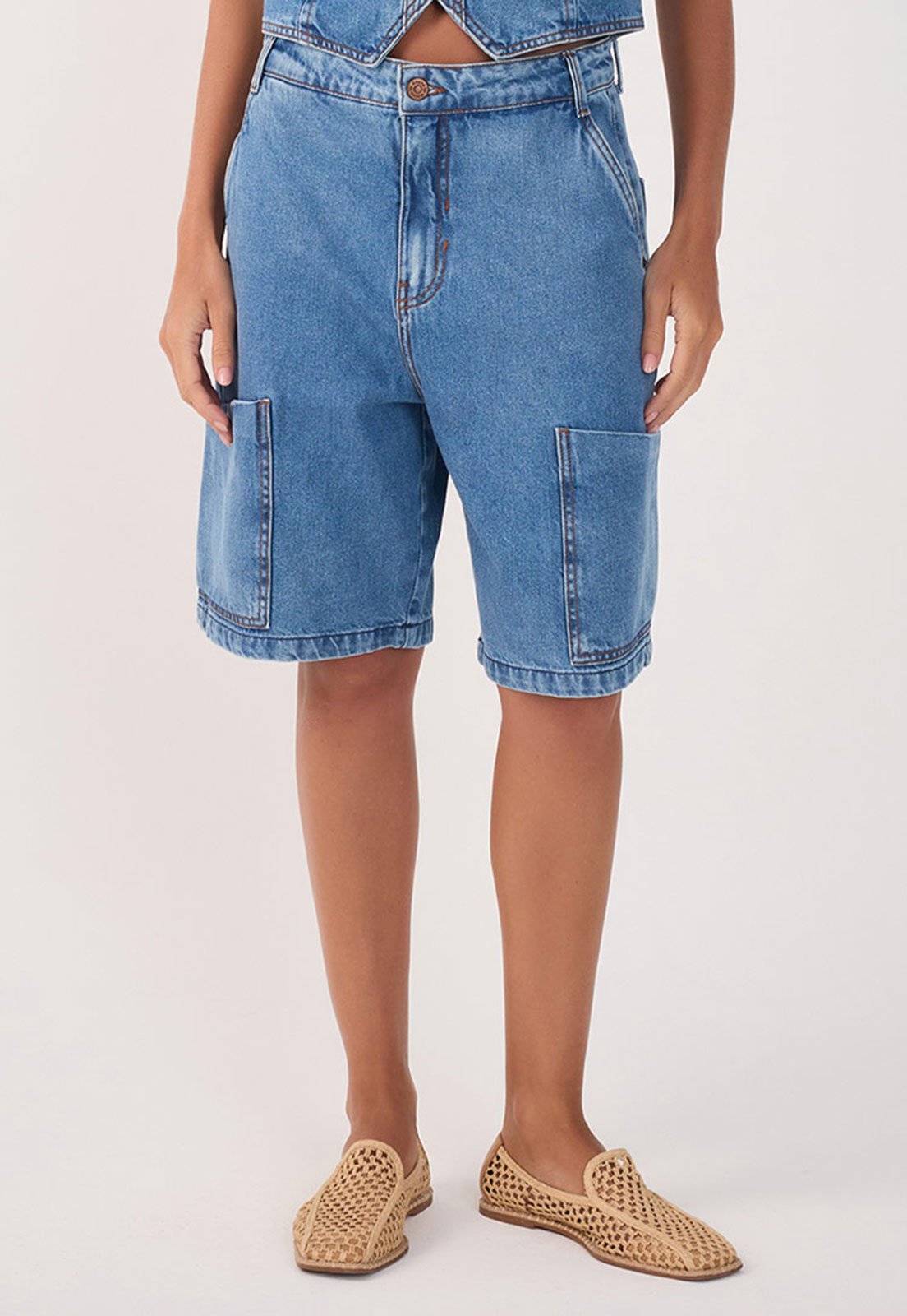 Bermuda Jeans Dress To Reta Pockets Azul
