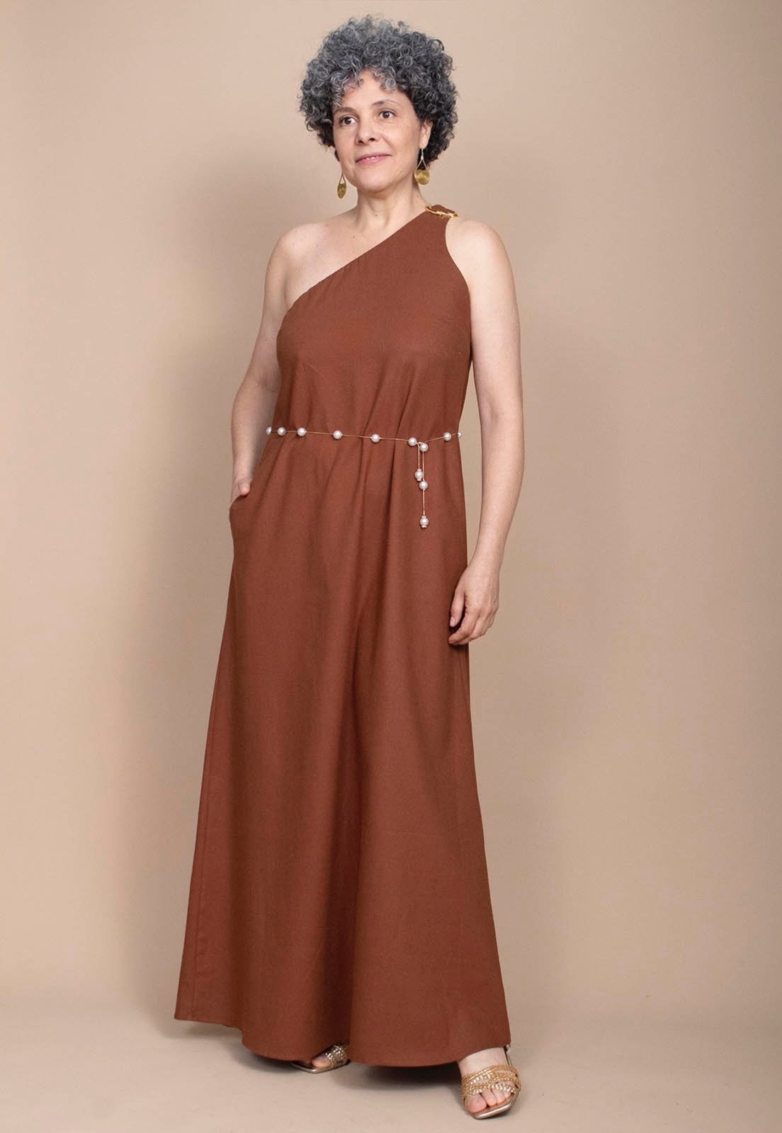 Vestido Amazônia Vital Longo um Ombro Linho com Viscose