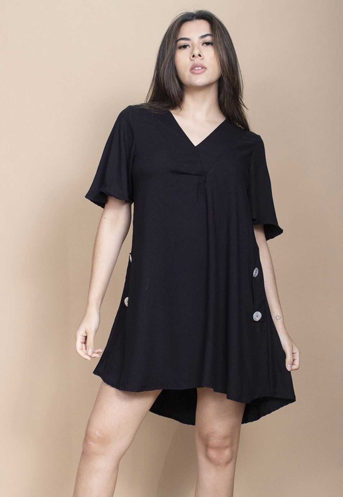 Vestido Curto Cabanafree Pataxô Viscose Mullet Decote V Preto