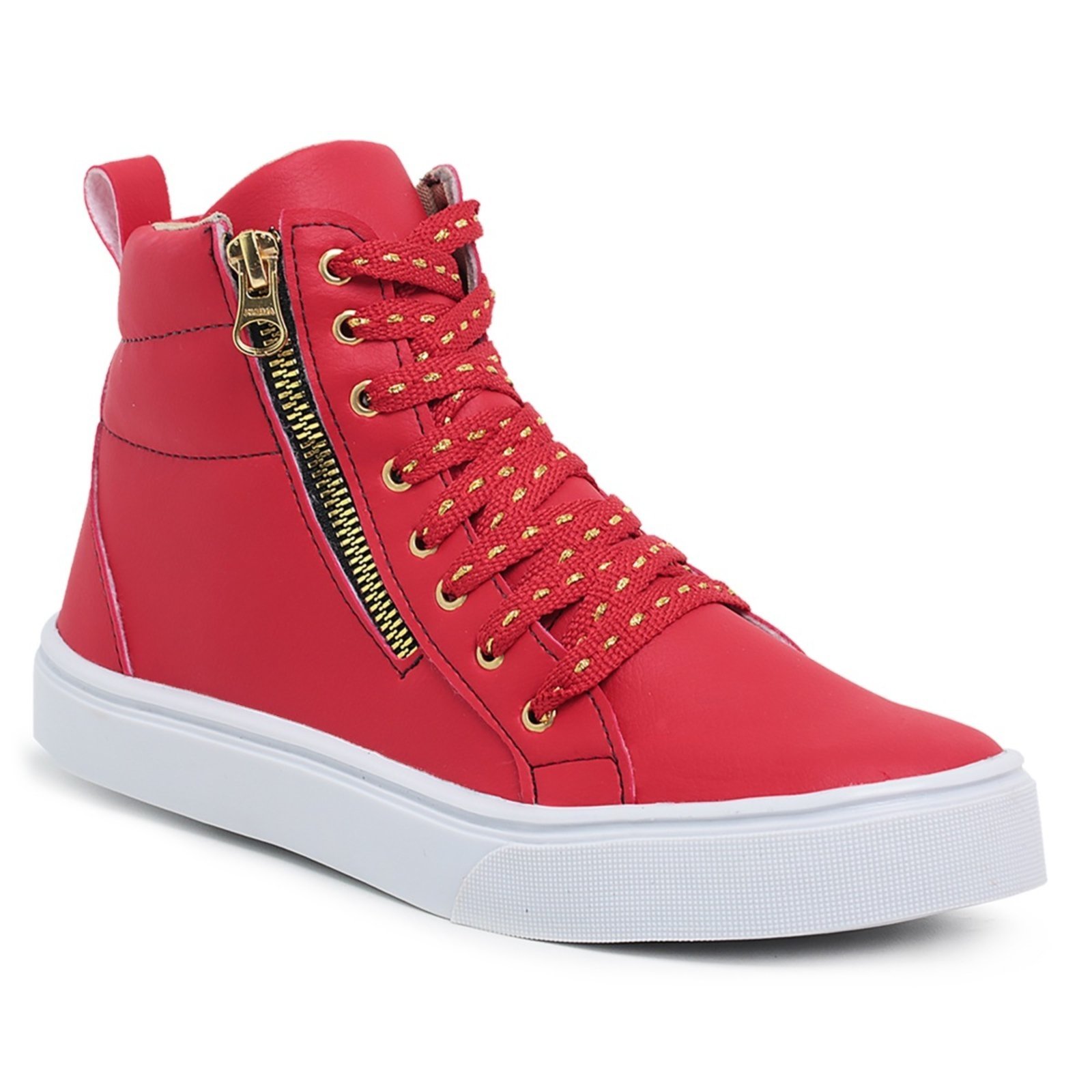 Sneaker Tênis Casual Botinha Feminina Cano Alto Sola Alta Emborrachada Zíper Lateral Amarração Vermelho