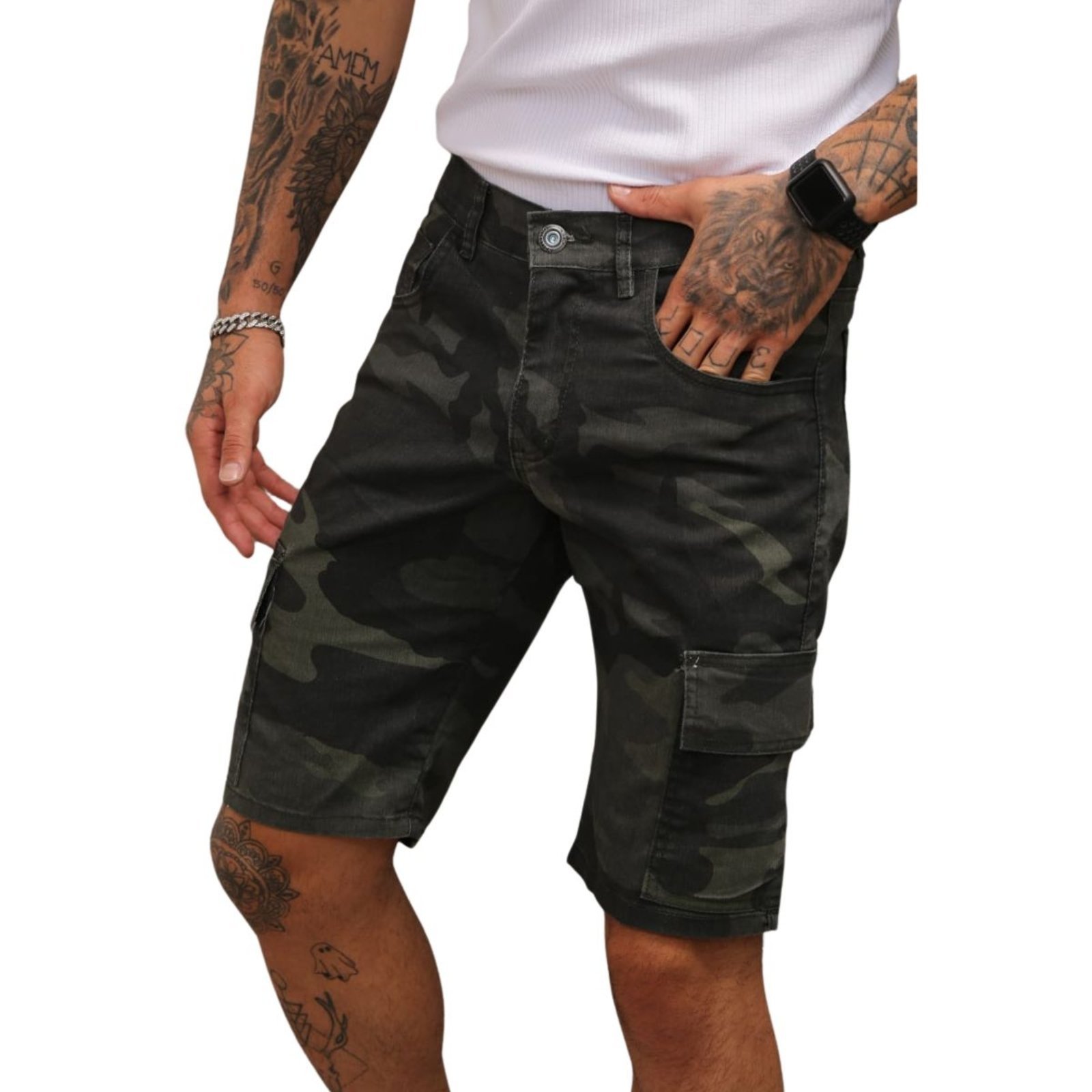 Bermuda Verde Militar Camuflada Cargo Masculina Alleppo Jeans
