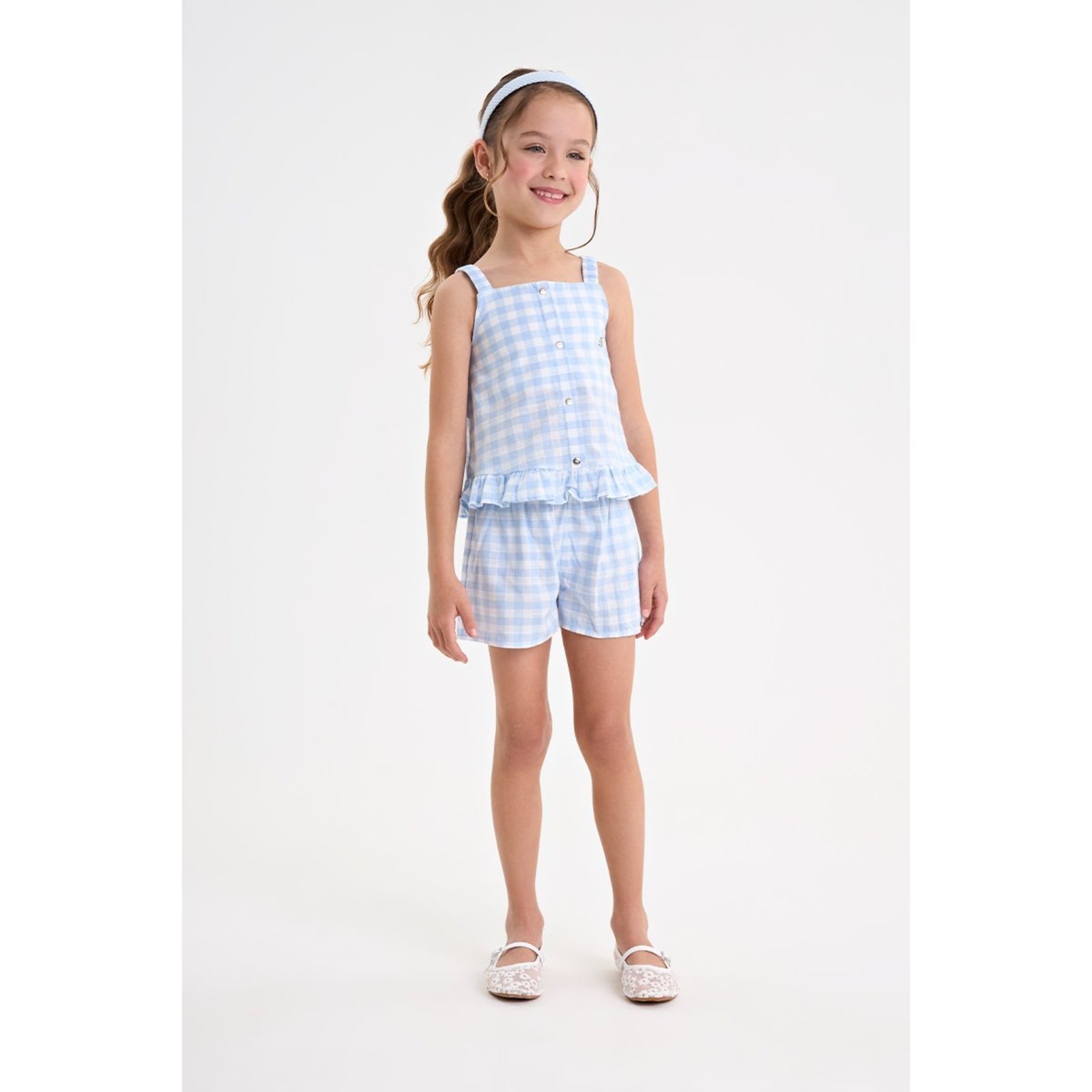 Infantil - Conjunto Feminino Batinha e Short Xadrez Vichy
