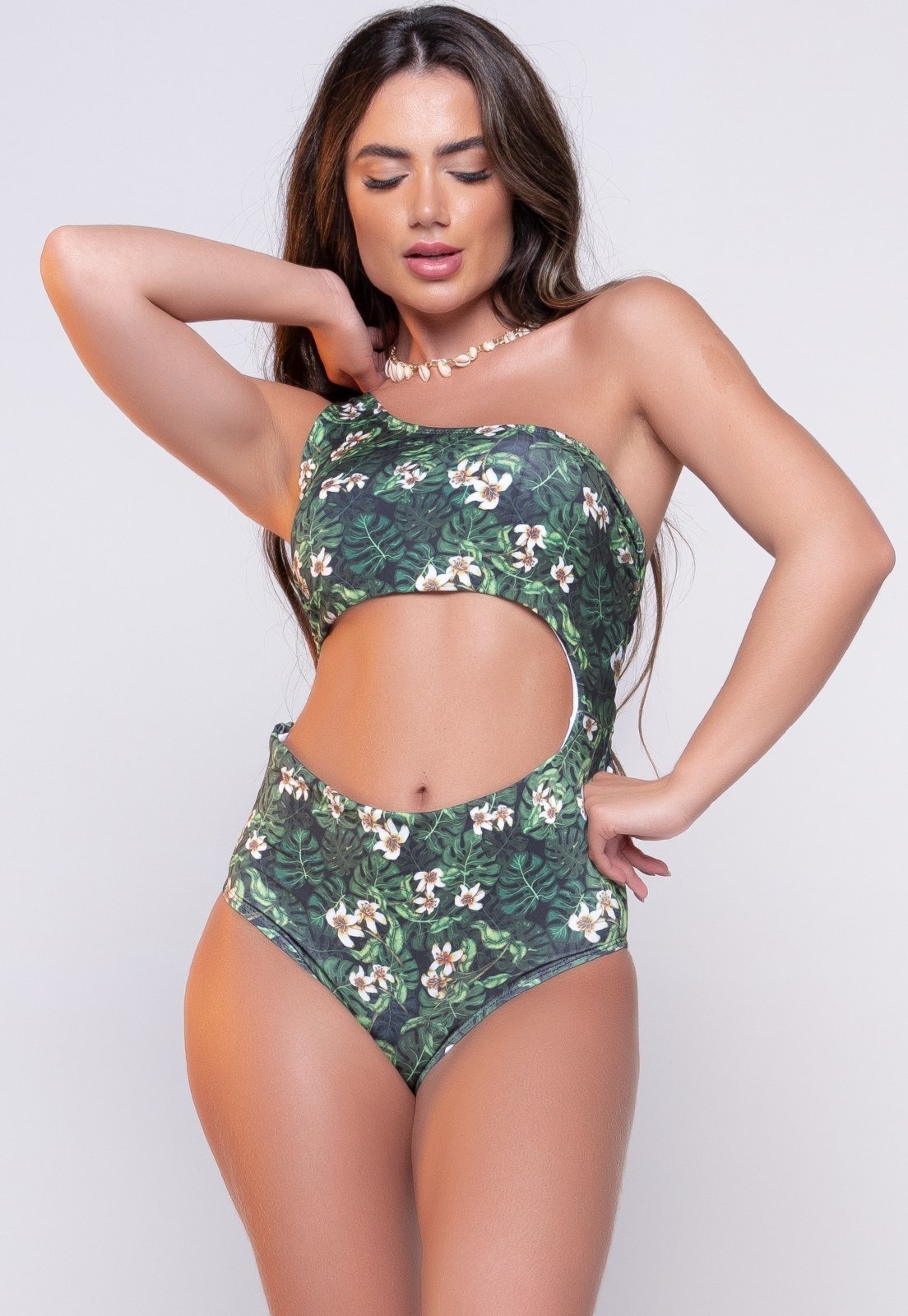 Maiô Feminino Bravaa Store Um Ombro Só Estampado Mood Praia Verão 366 Verde