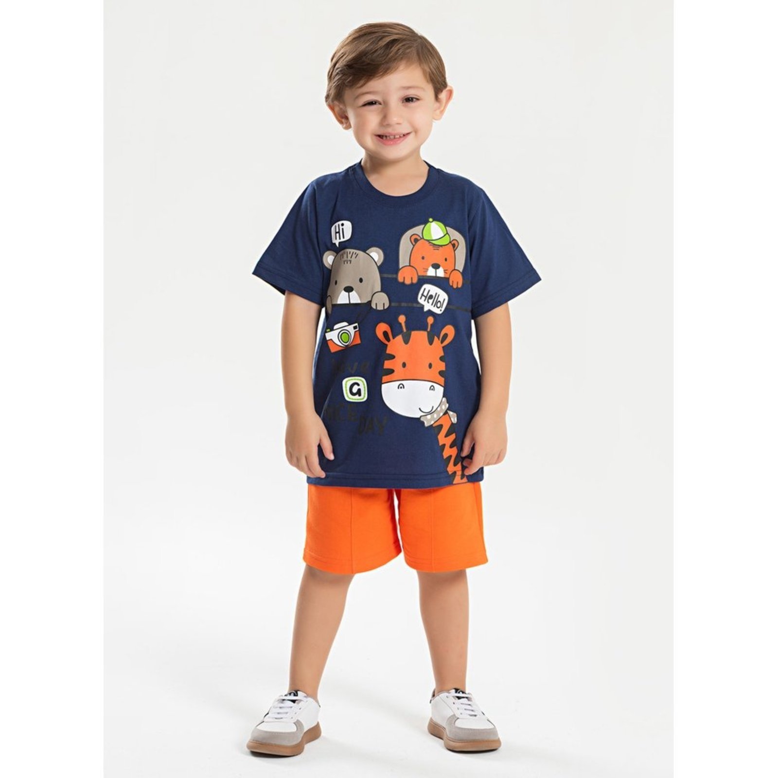 Infantil – Conjunto Molekada Verão Menino Marinho Camiseta e Bermuda Com Recorte Turma da Selva