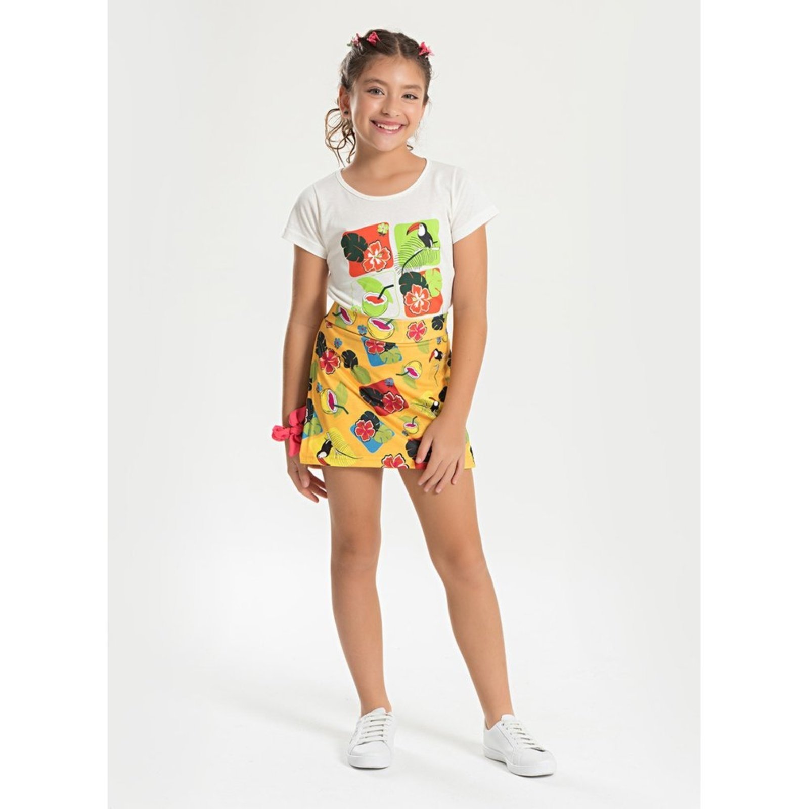 Infantil – Conjunto Verão Menina Natural Blusa e Shorts Saia Tucano Tropical
