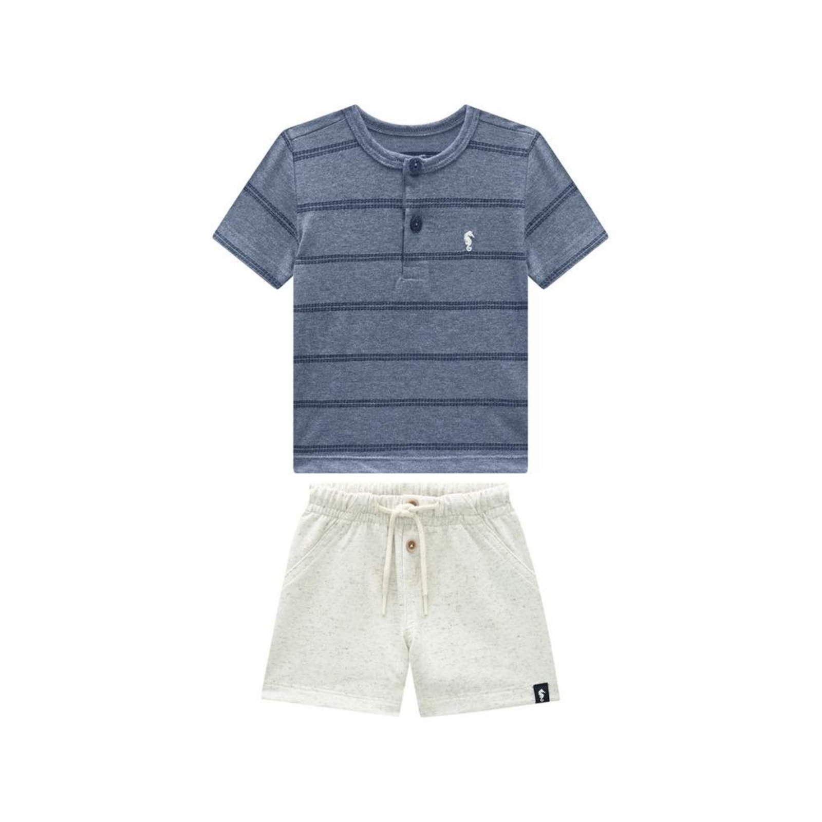 Infantil - Conjunto Camiseta Henley Listrada Bermuda Onda Marinha Azul Branco 1 Azul