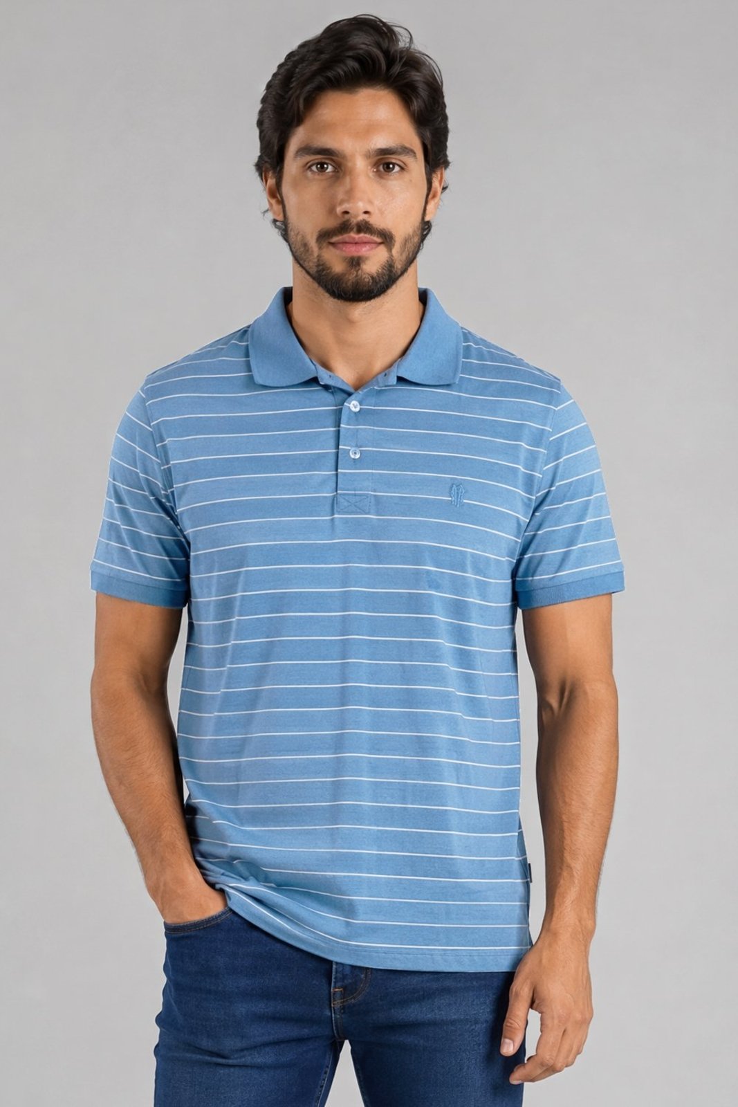 Polo Piquet Masculina Listrada Polo Wear Azul Claro
