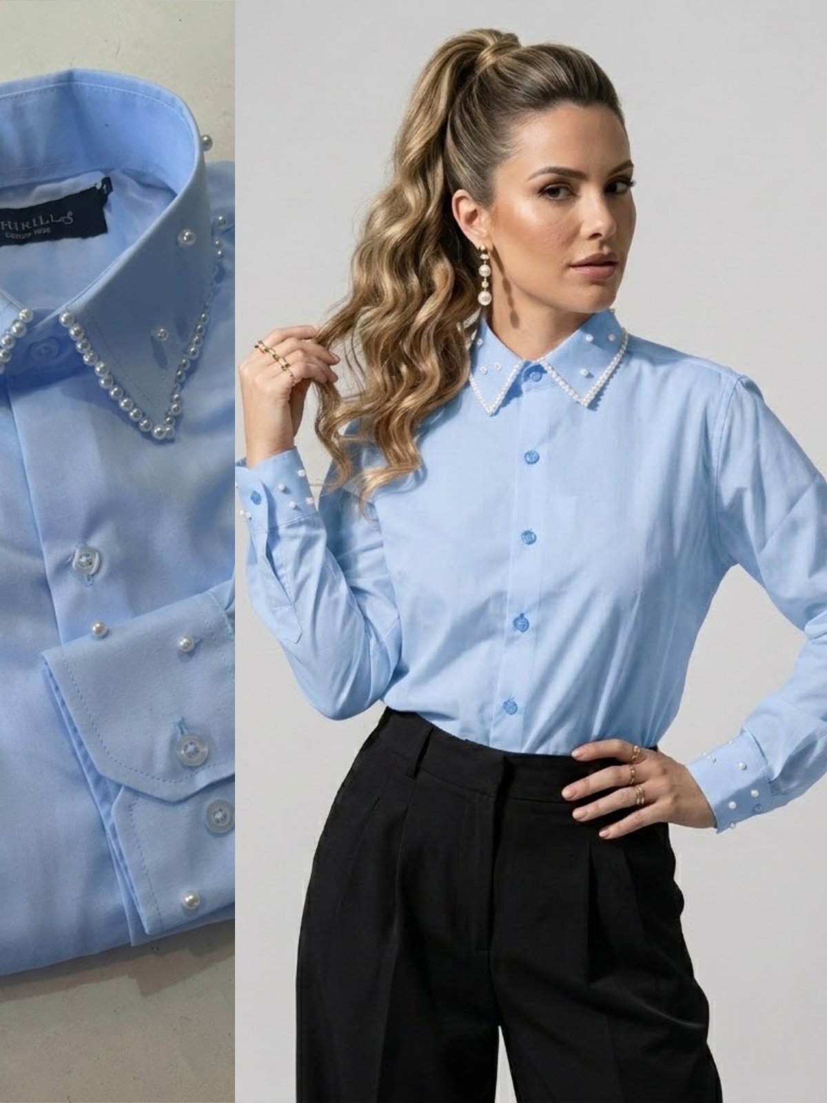 Camisa Social Azul Feminina com Pérolas no Gola e Punhos Premium | Blusa de Luxo Manga Longa Elegante