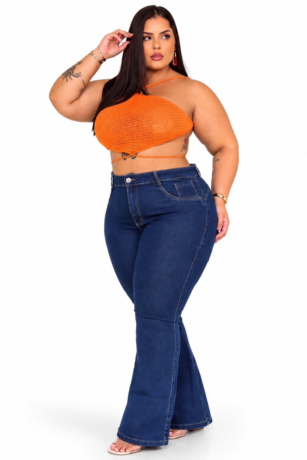 Calça Jeans Feminina Flare Plus Size Com Retrô moda