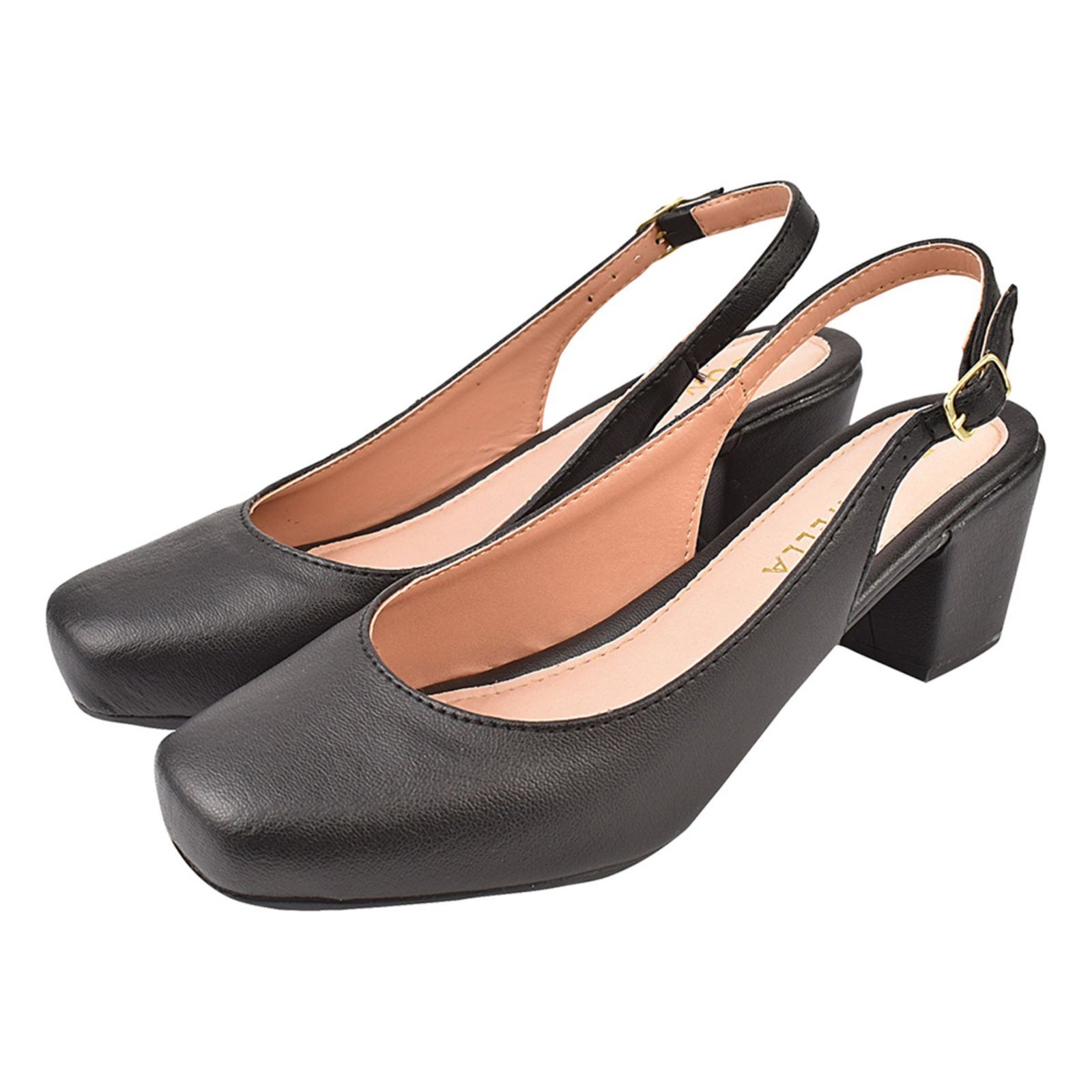 Sapato Scarpin Aberto CM Calçados Bico Quadrado Salto Confort Fivela Preto