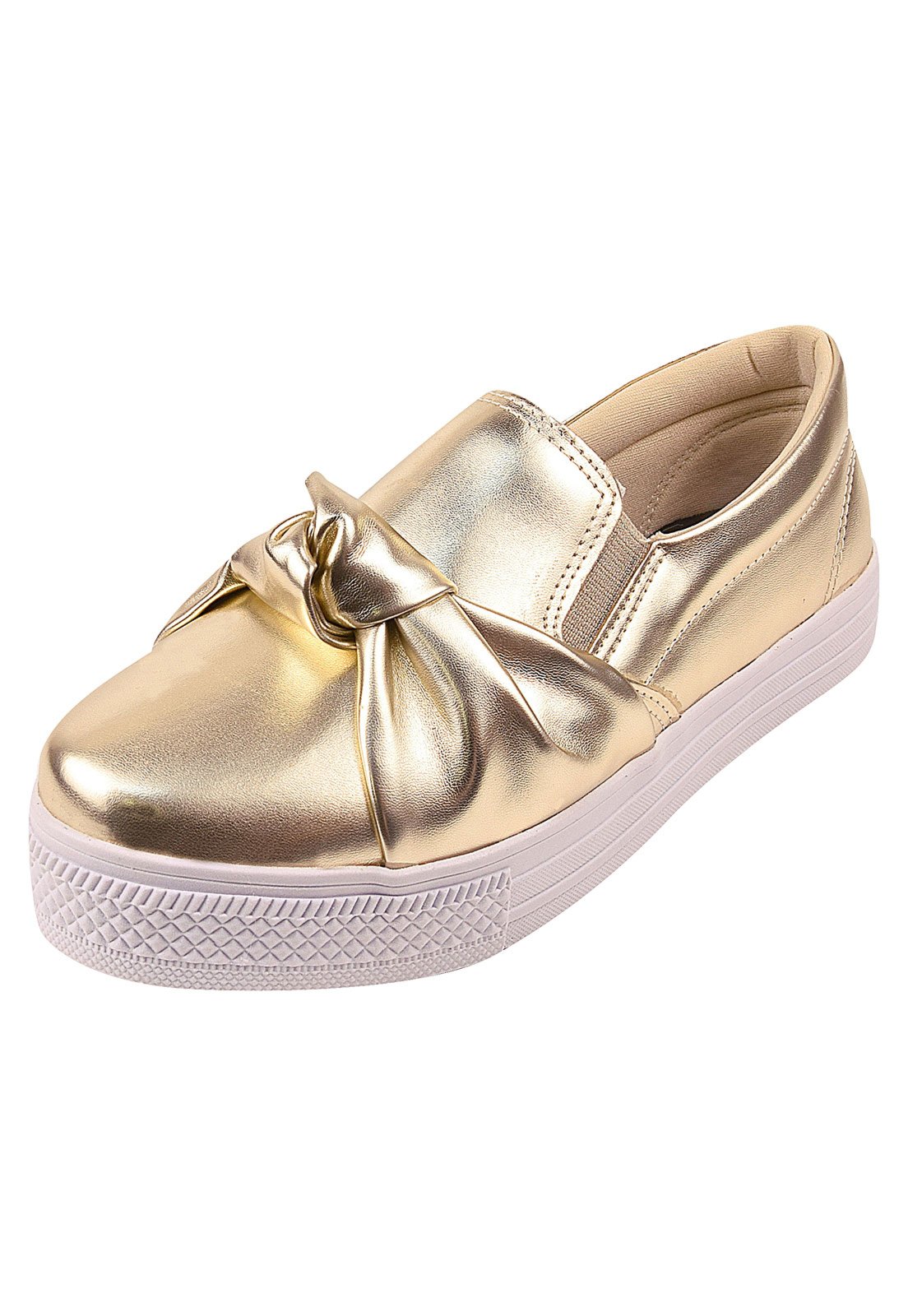Tênis Casual Feminino Calce Fácil Dia a Dia Laço – Dourado