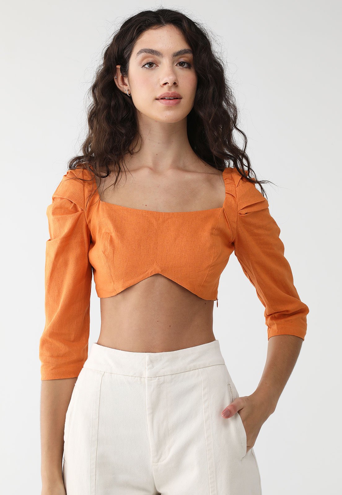 Blusa Cropped Linho Lez a Lez Ajustada Recorte Laranja