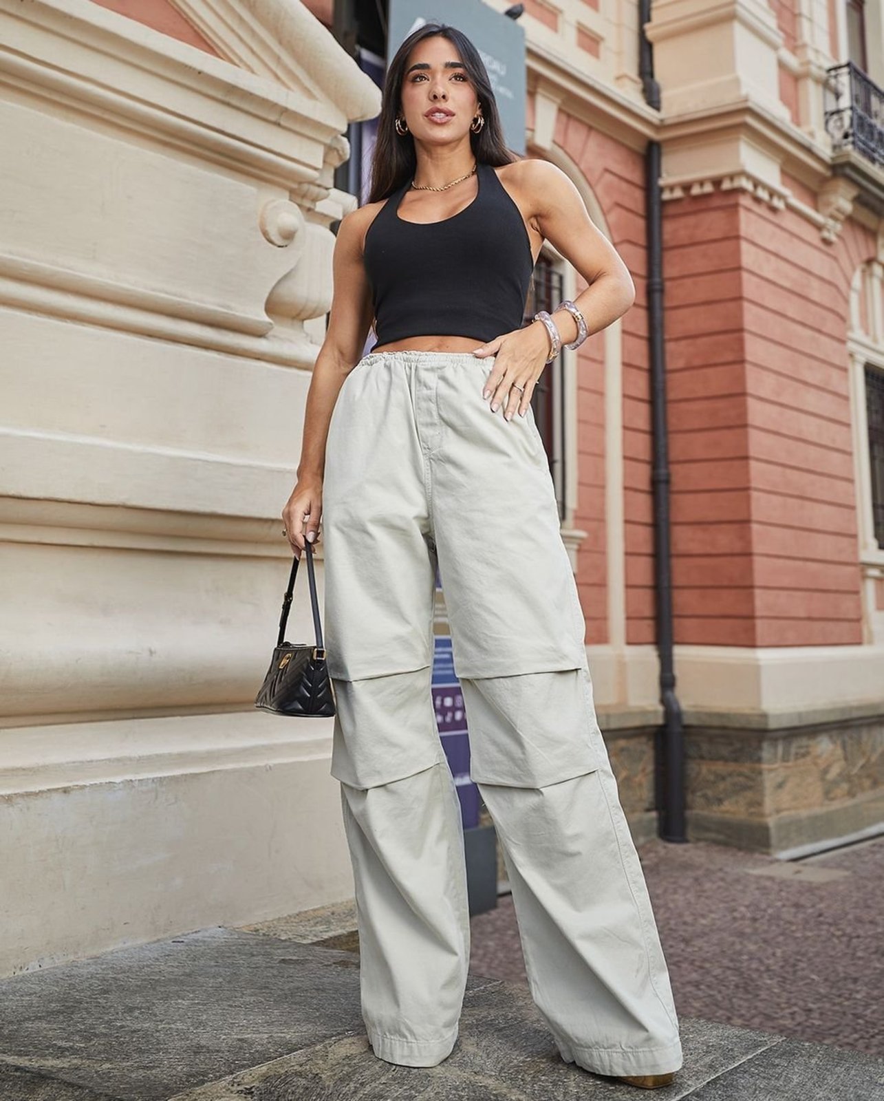 Calça Sarja Wide Leg Parachute Feminina Cintura Média 22706 Creme Consciência