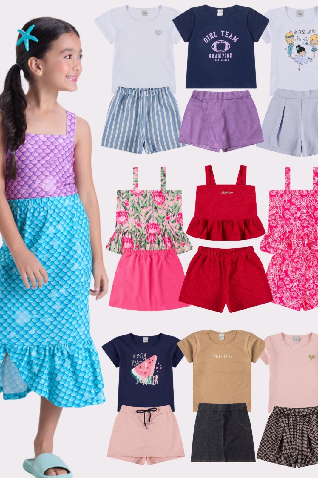 Vista 2 Infantil - Kit Sortido 6 Peças de Roupas Infantis Menina Verão Camisetas + Shorts/Saia VIDA COSTEIRA multicolorido VIDA COSTEIRA multicolorido