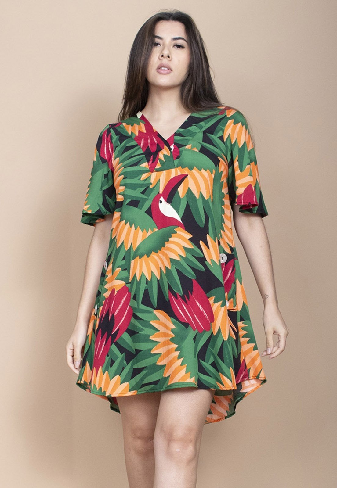 Vestido Curto Cabanafree Pataxô Viscose Mullet Decote V Festa dos Tucanos