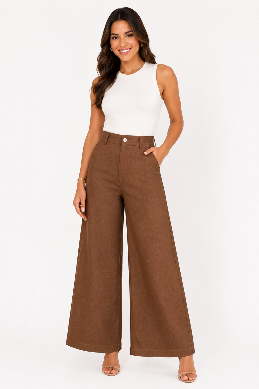 Calça Pantacourt D Bell Outlet Fashion Linho Marrom
