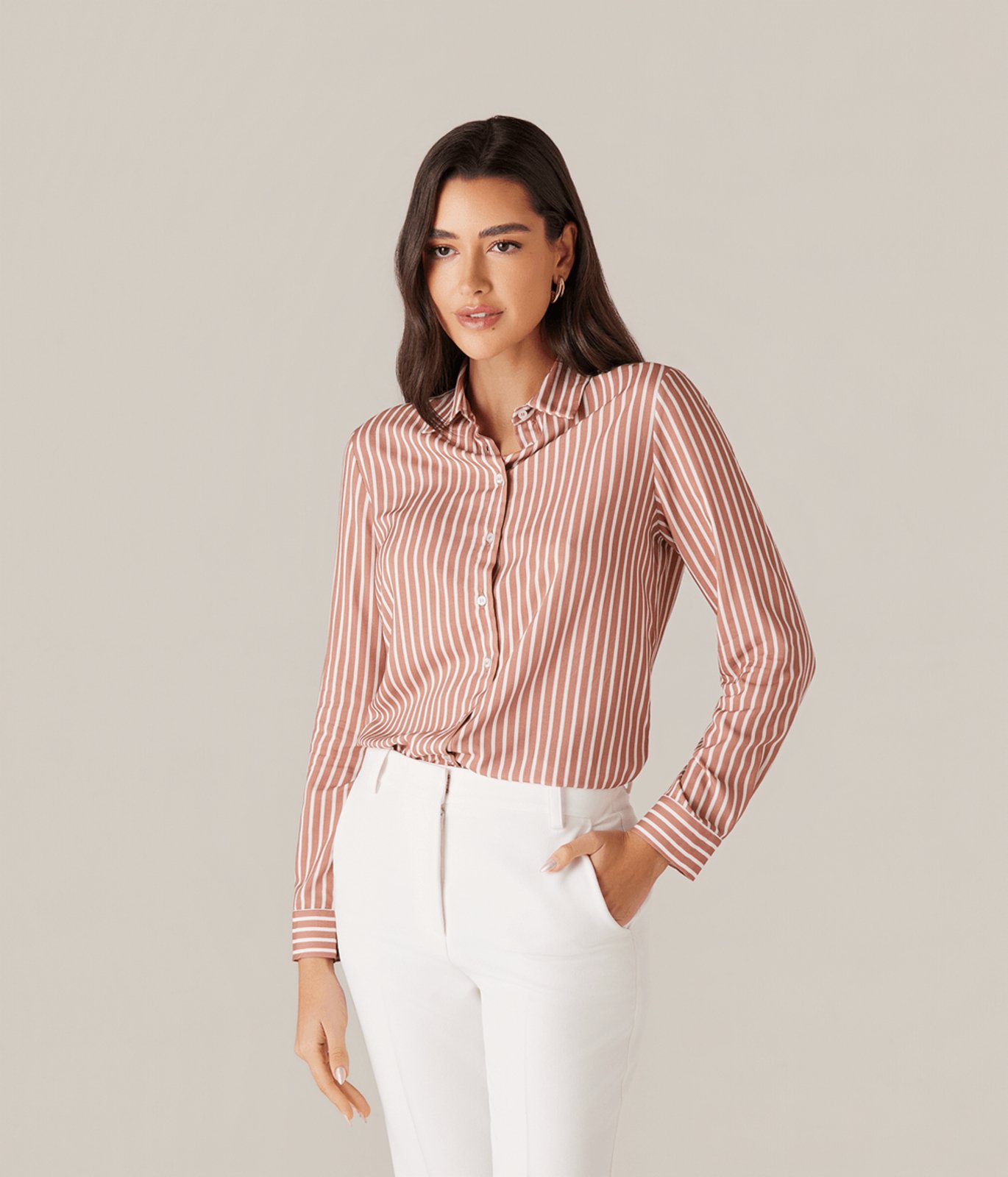Camisa Manga Longa Listrada Feminina Marrom Castanho