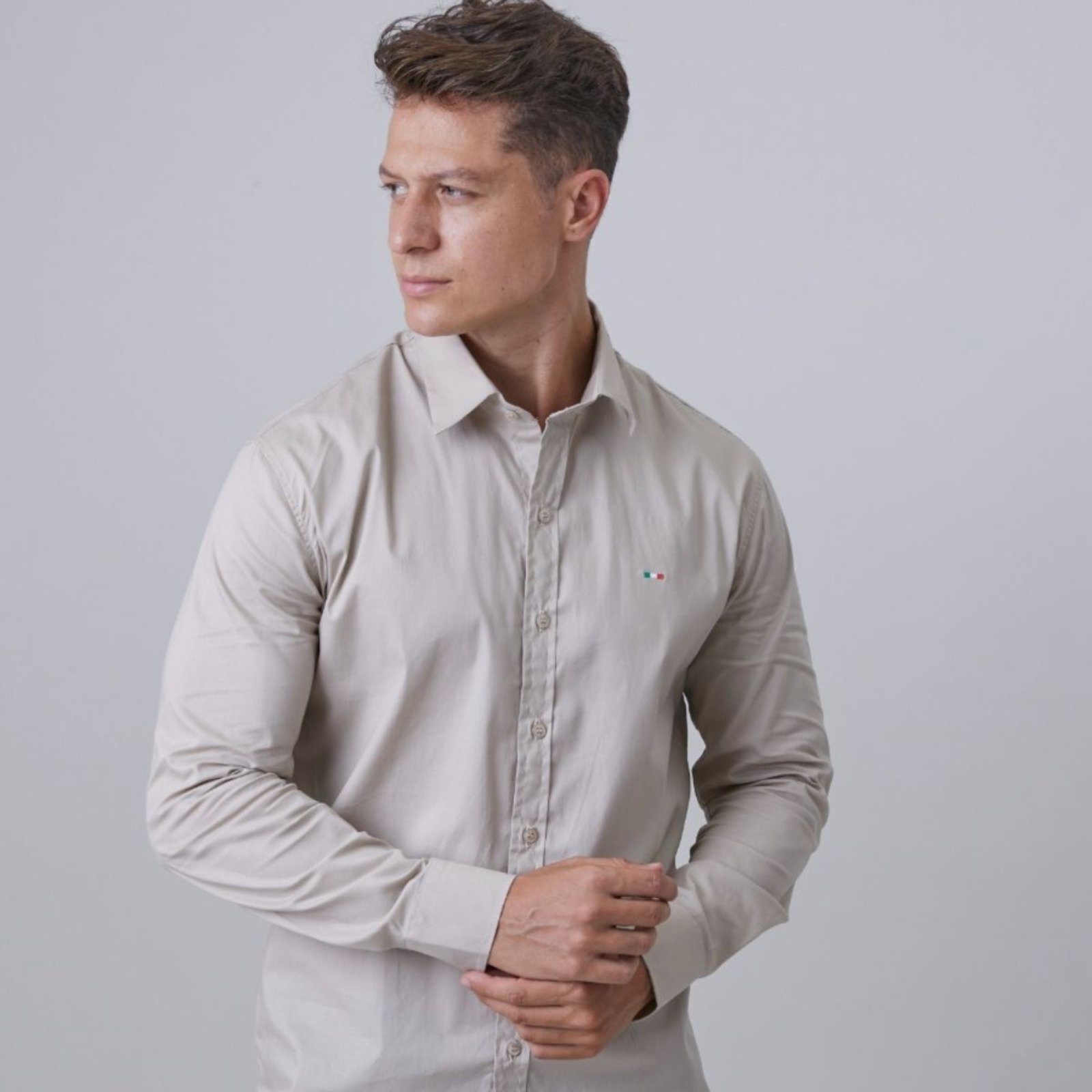 Camisa Social Masculina FMF Marinho Bege Premium Slim Fit Manga Longa