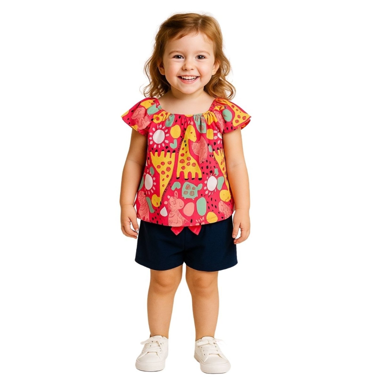 Vista 2 Infantil - Conjunto 2pçs Manga Curta Kyly Animais Elefante e Girafas Choque rosa Kyly rosa