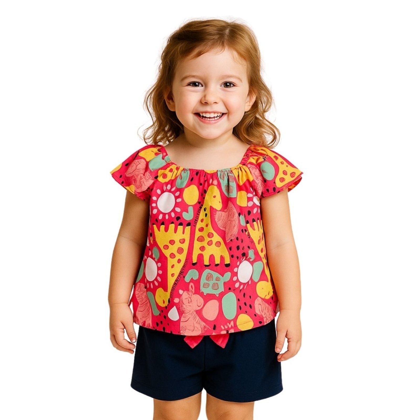 Vista 3 Infantil - Conjunto 2pçs Manga Curta Kyly Animais Elefante e Girafas Choque rosa Kyly rosa