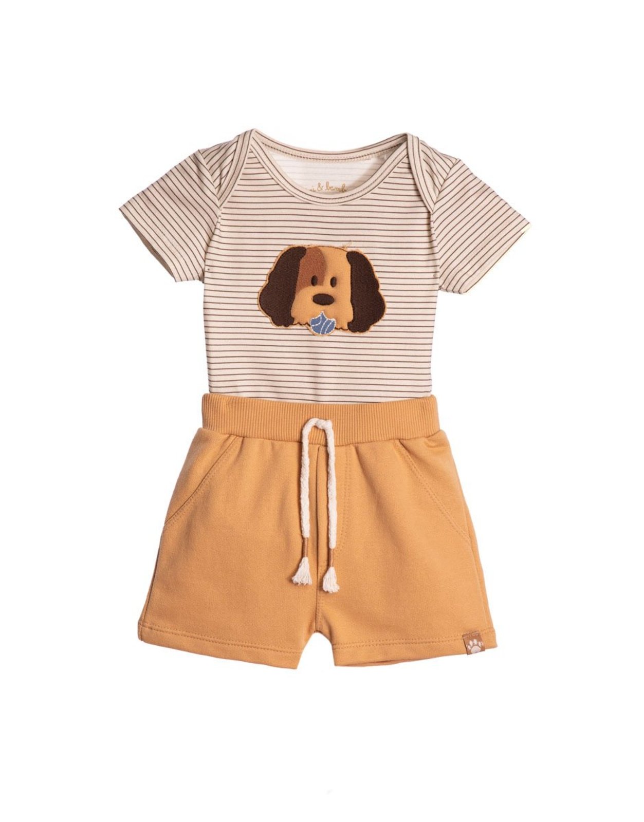 Infantil - Conjunto body cotton listras marrom e bermuda moletinho caramelo