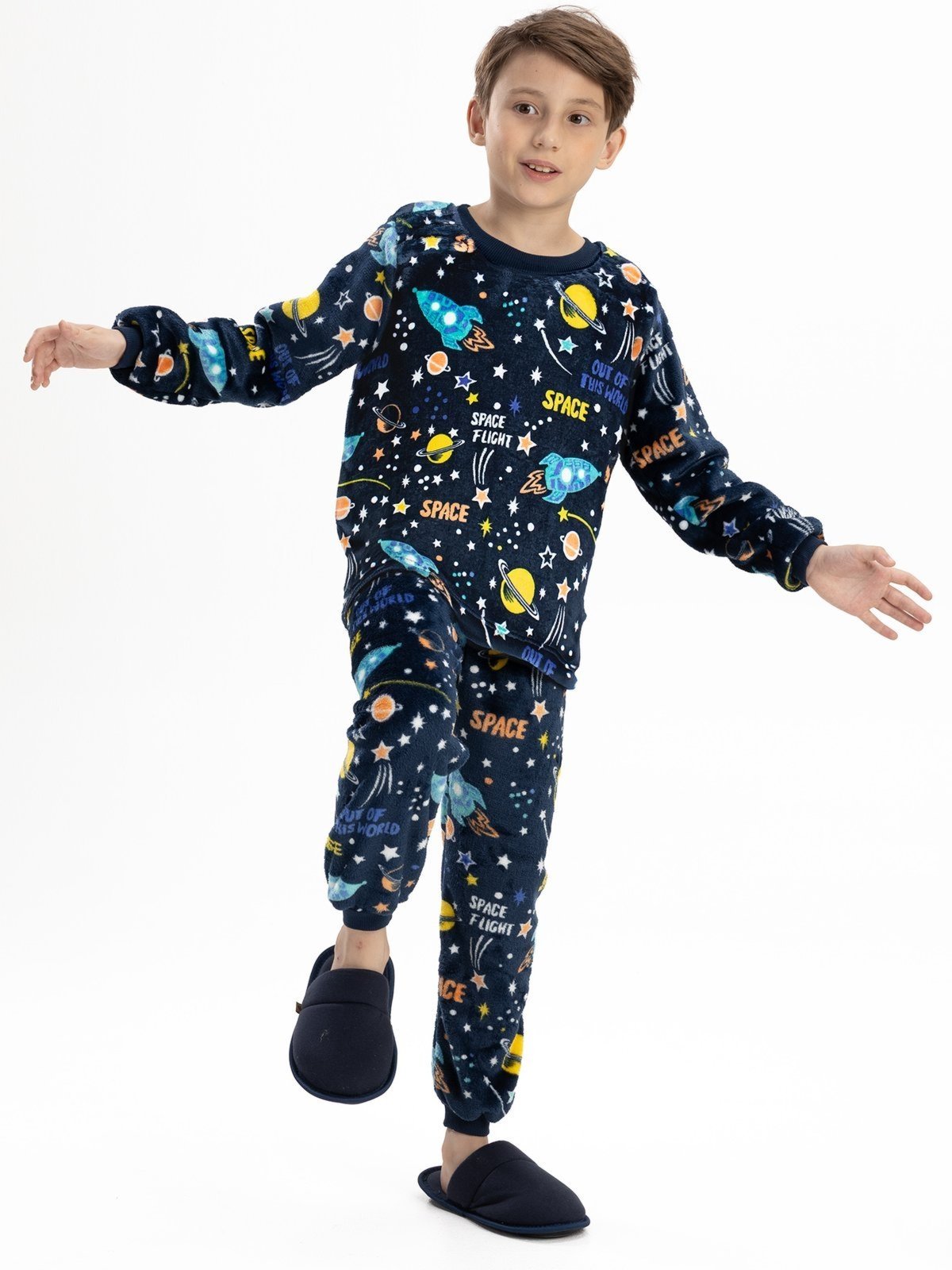 Pijama de Inverno Menino em Soft Fleece Peluciado Azul Marinho Espaço
