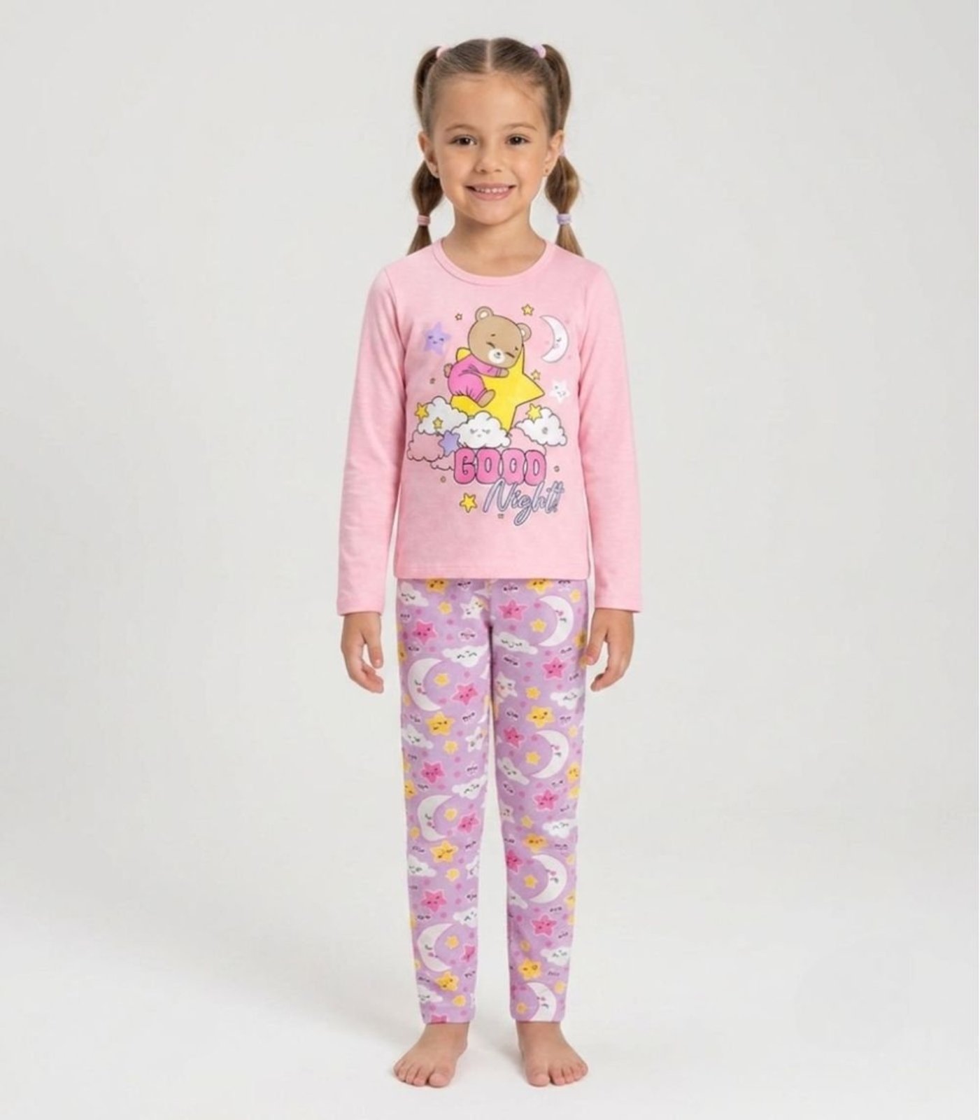 Pijama Menina Manga Longa Meia Malha Kappes Rosa