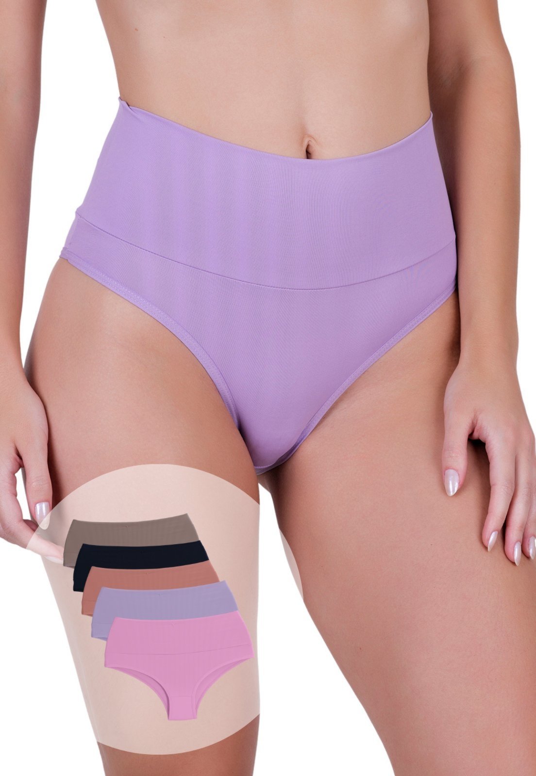 Vista 2 Kit 5 Calcinhas Femininas Cós Alto Microfibra Alternativa Compressão Leve Concept Lingerie multicolorido Concept Lingerie multicolorido