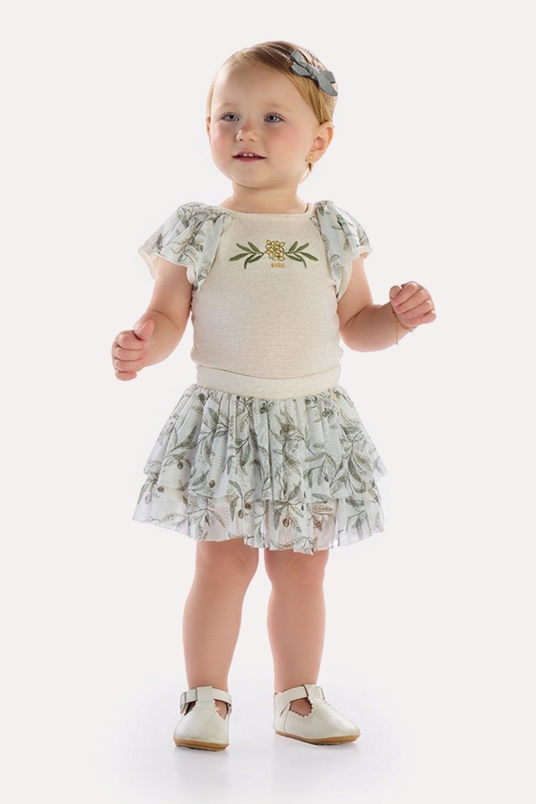 Infantil - Conjunto Body Off Texturizado com Saia em Tule Verde