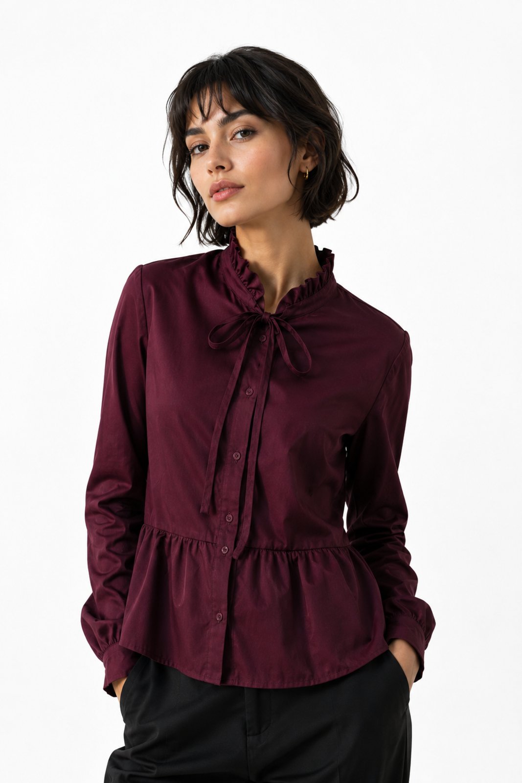 Blusa Manga Longa Feminina D Bell Outlet Fashion Peplum Vinho