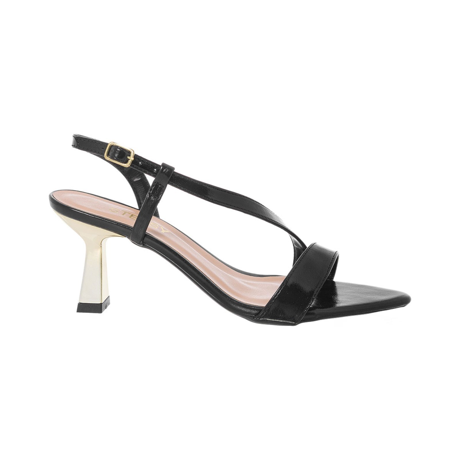 Sandália Feminina Stessy Salto Taça Cromado Bico Folha Elegante Premium Preto