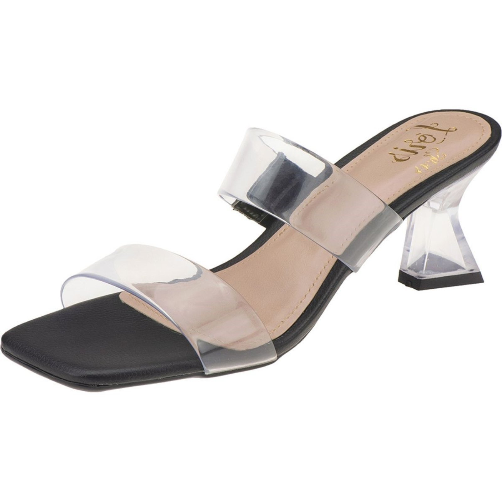 Sandalia Tamanco Salto Alto Taça Cristal Fino Lóris Shoes Vinil Transparente Preto