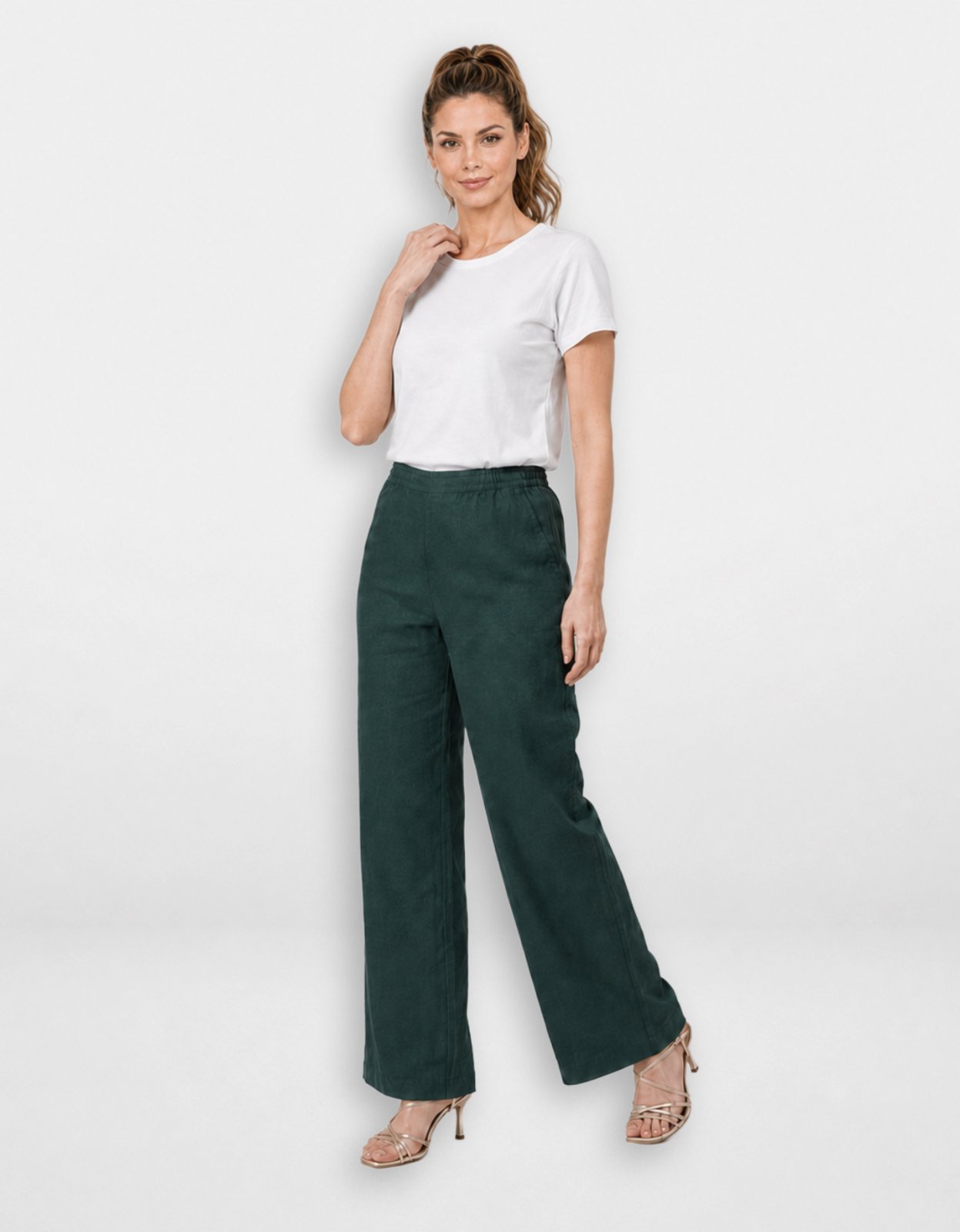 Calça Feminina Pompier Pantalona em Linen Rústico com Elástico No Cós Verde
