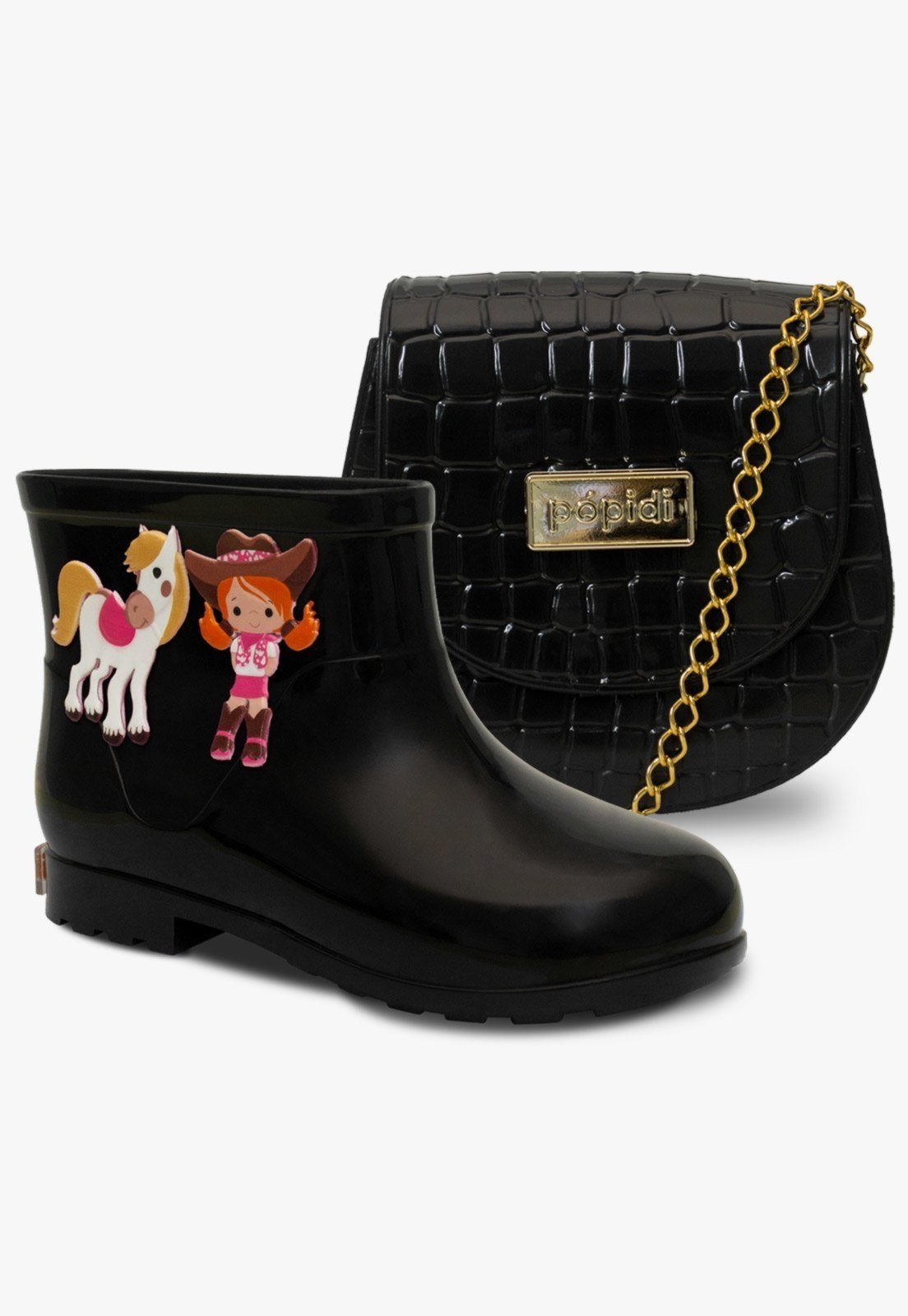 Infantil – Kit Bolsa e Bota Galocha Feminina Pópidi Menina Cowgirl Preto