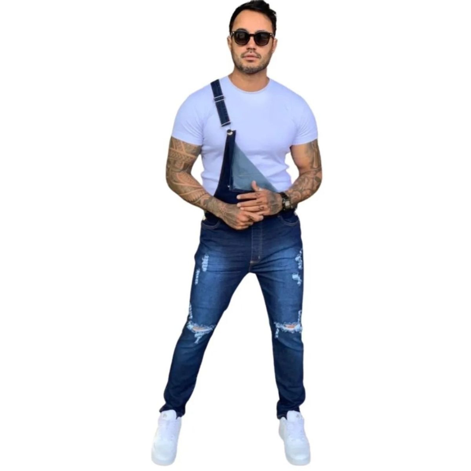 Macacão Jardineira Masculino Jeans Loka Rasgado