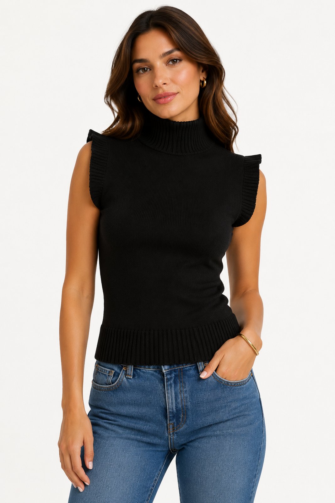 Colete Feminino D Bell Outlet Fashion Tricôt Sem Mangas Preto